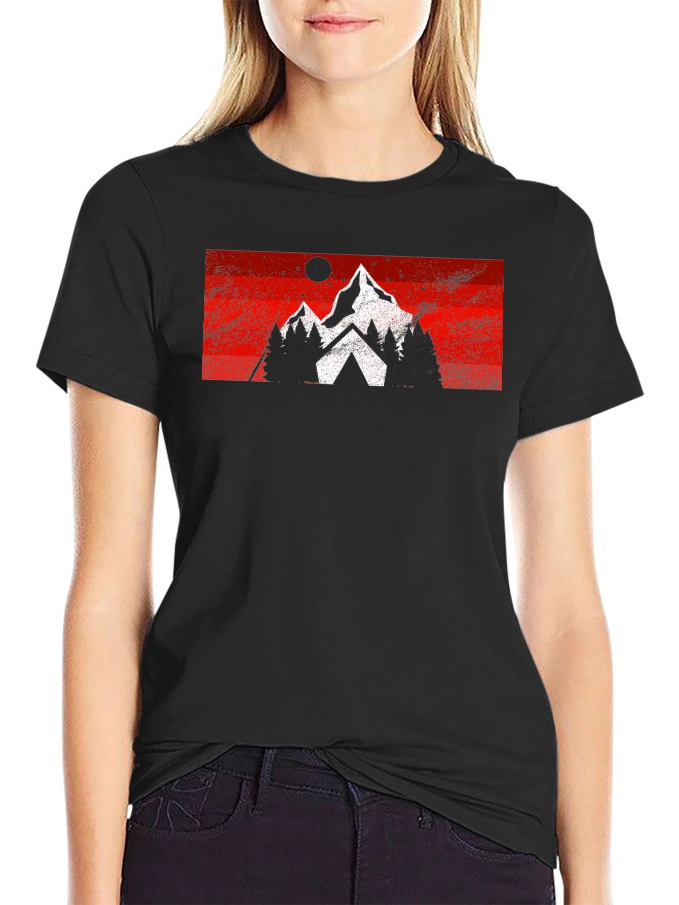 Mountain Scene Graphic Tee - Black Cotton Casual T-Shirt