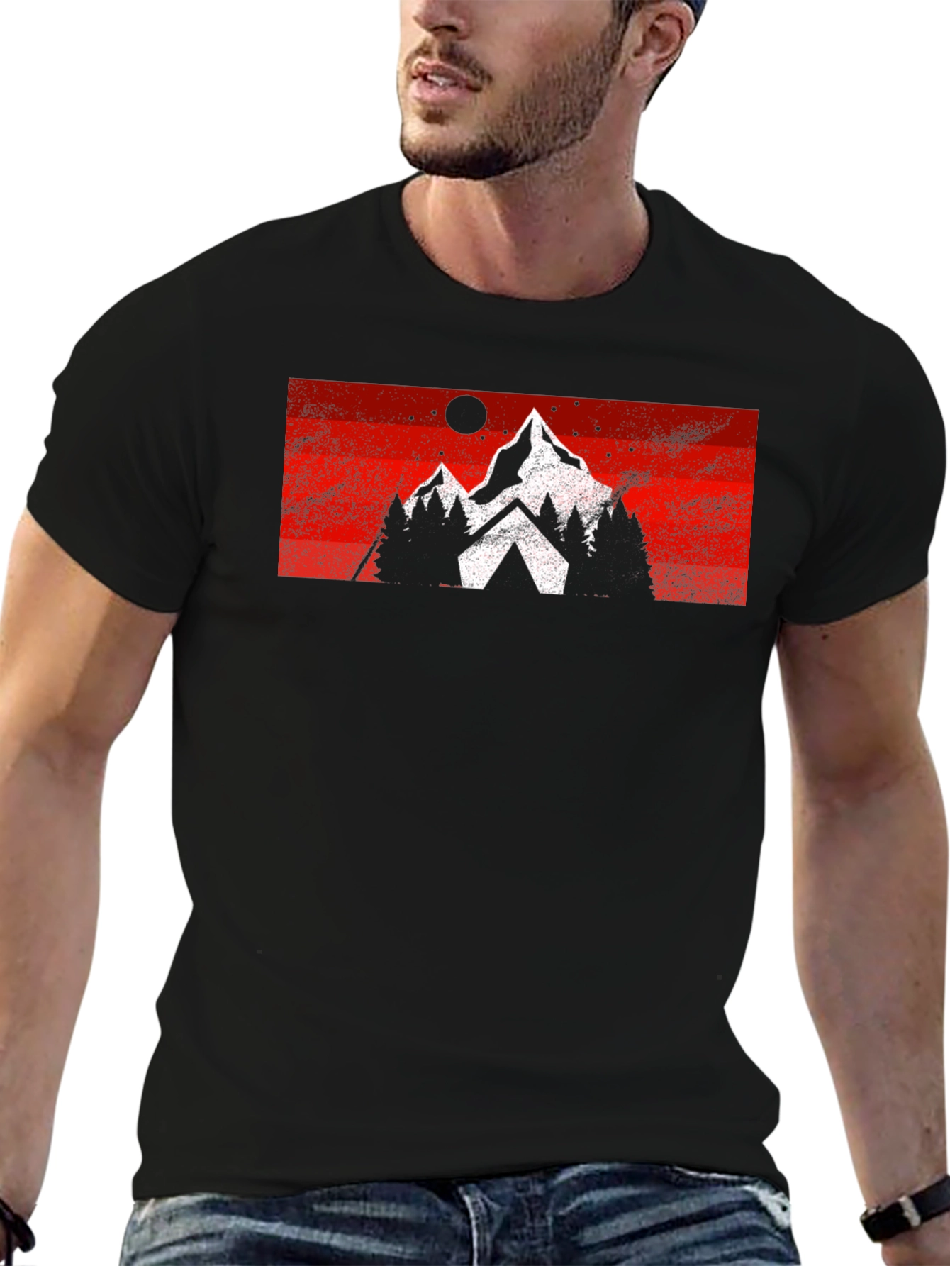 Mountain Scene Graphic Tee - Black Cotton Casual T-Shirt