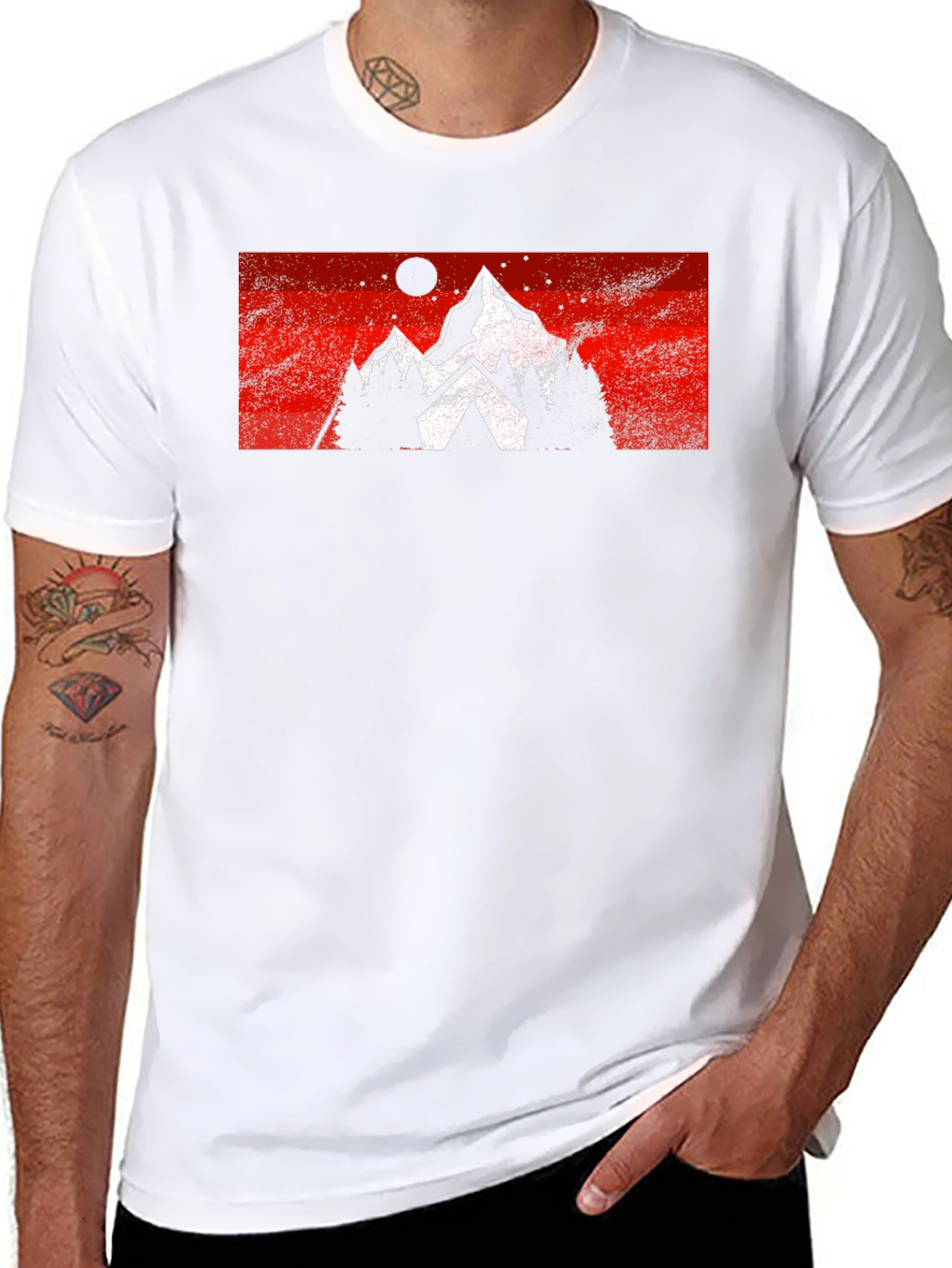 Mountain Scene Graphic Tee - Black Cotton Casual T-Shirt