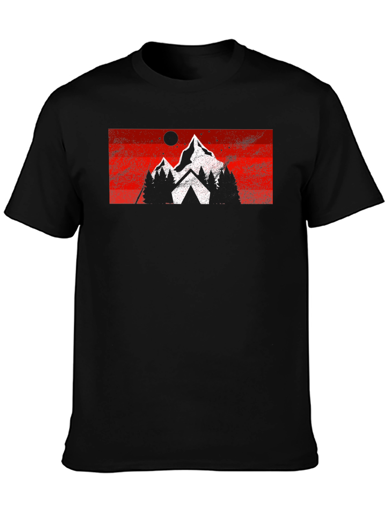 Mountain Scene Graphic Tee - Black Cotton Casual T-Shirt