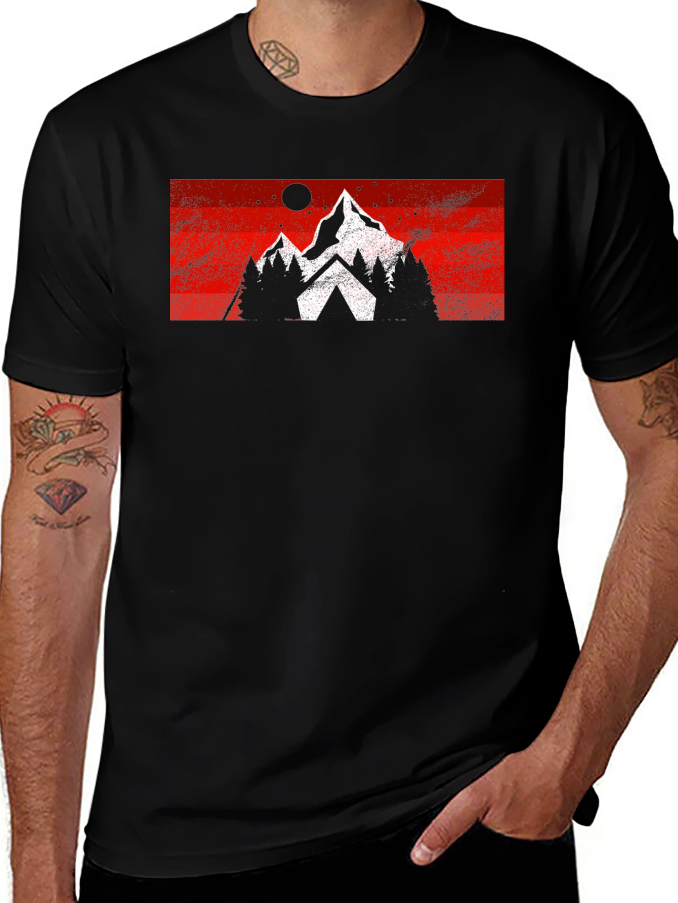 Mountain Scene Graphic Tee - Black Cotton Casual T-Shirt