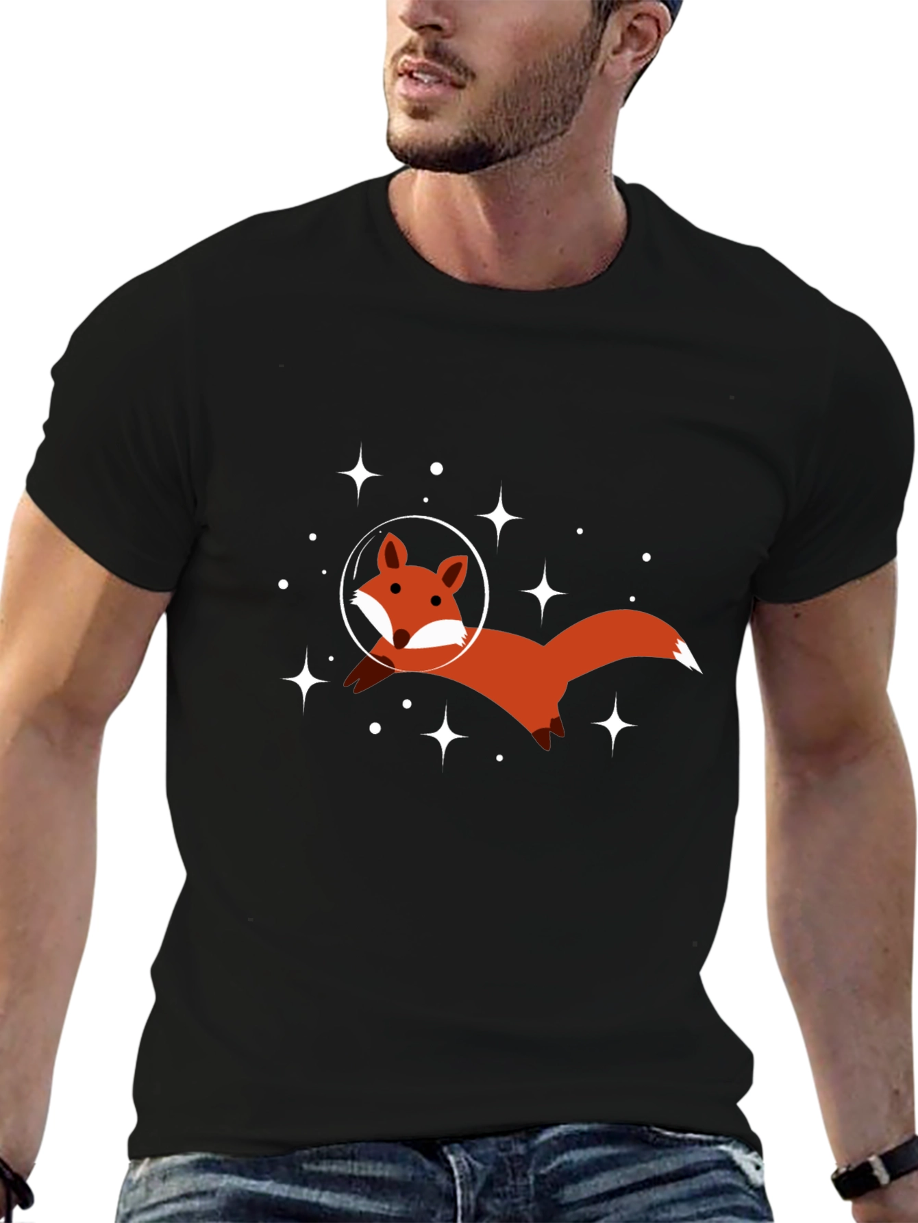 Space Fox Graphic Tee - Black Cotton T-Shirt