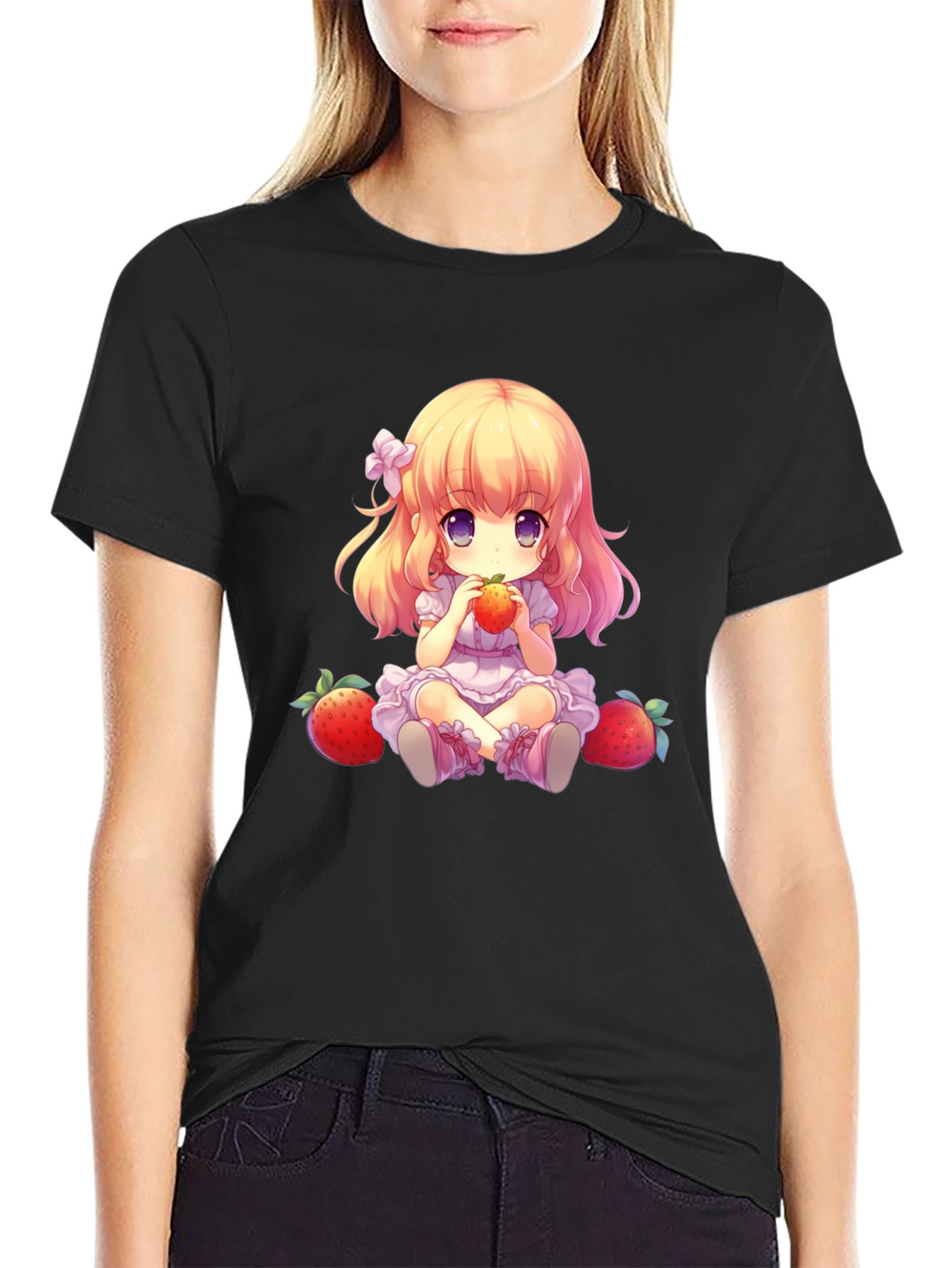 Anime Girl Strawberry Graphic Tee - Soft Black T-Shirt
