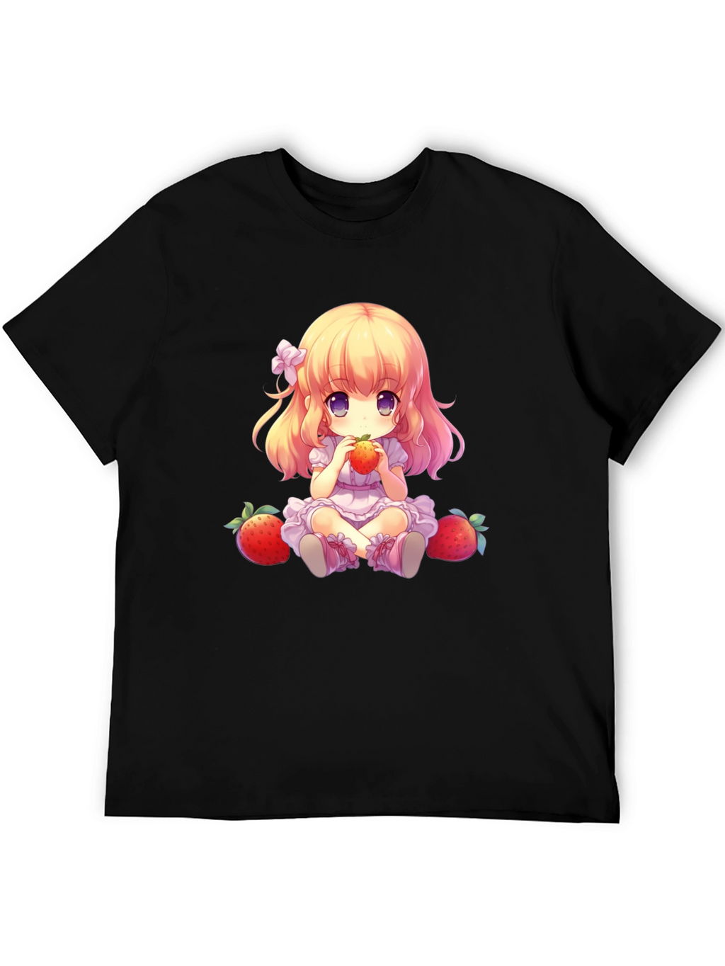 Anime Girl Strawberry Graphic Tee - Soft Black T-Shirt