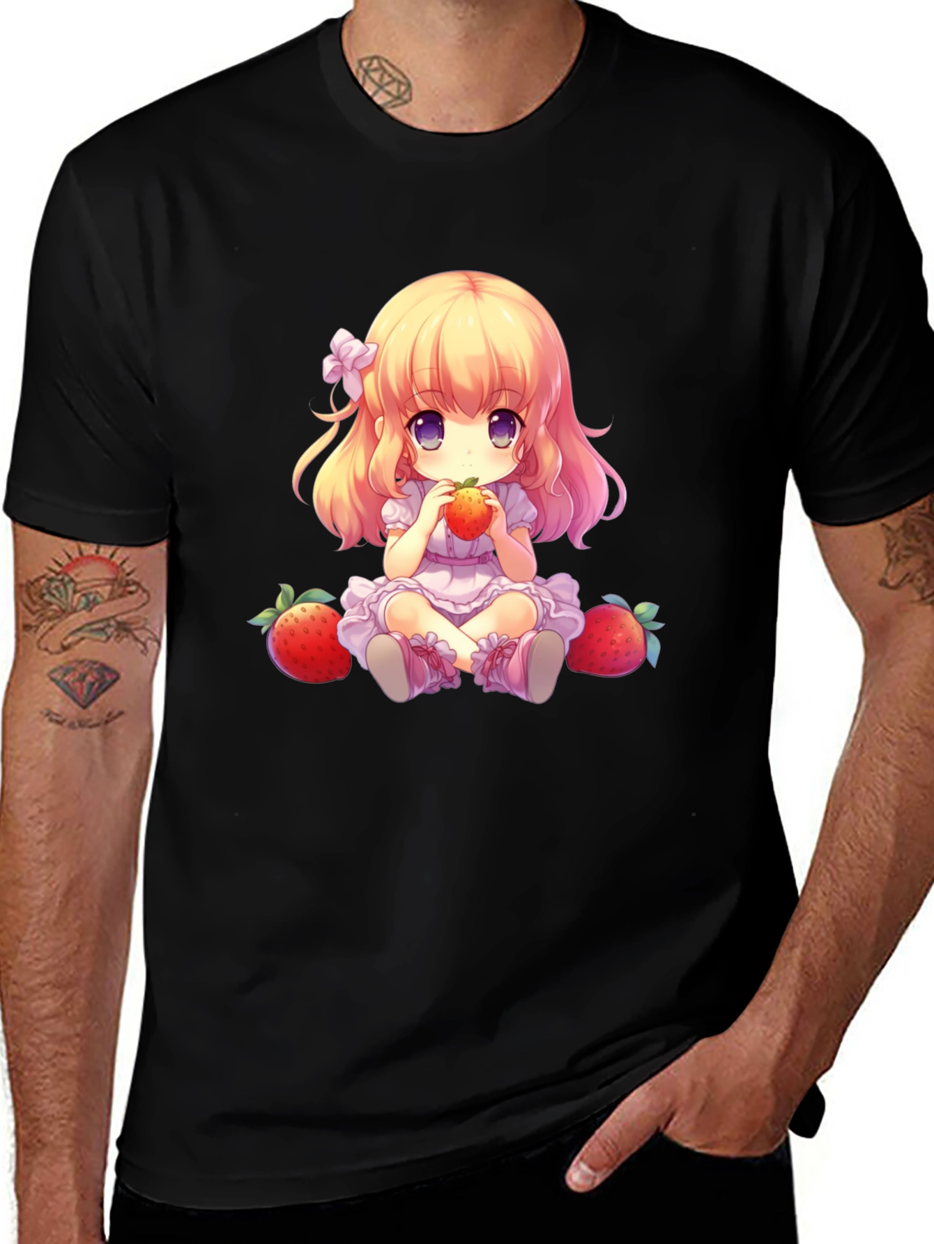 Anime Girl Strawberry Graphic Tee - Soft Black T-Shirt
