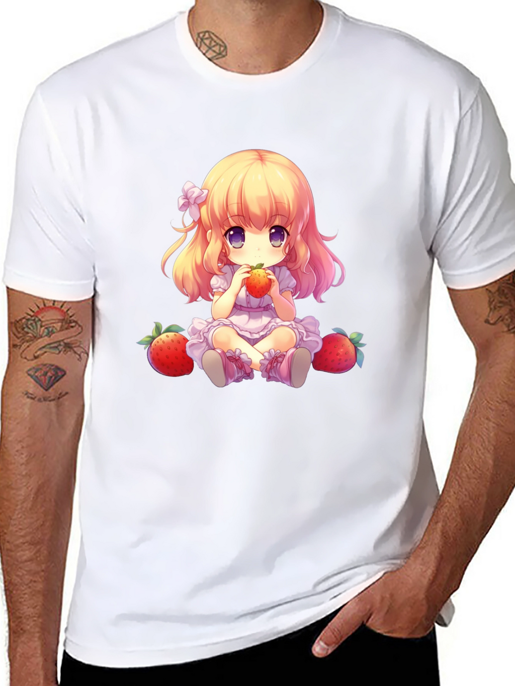 Anime Girl Strawberry Graphic Tee - Soft Black T-Shirt