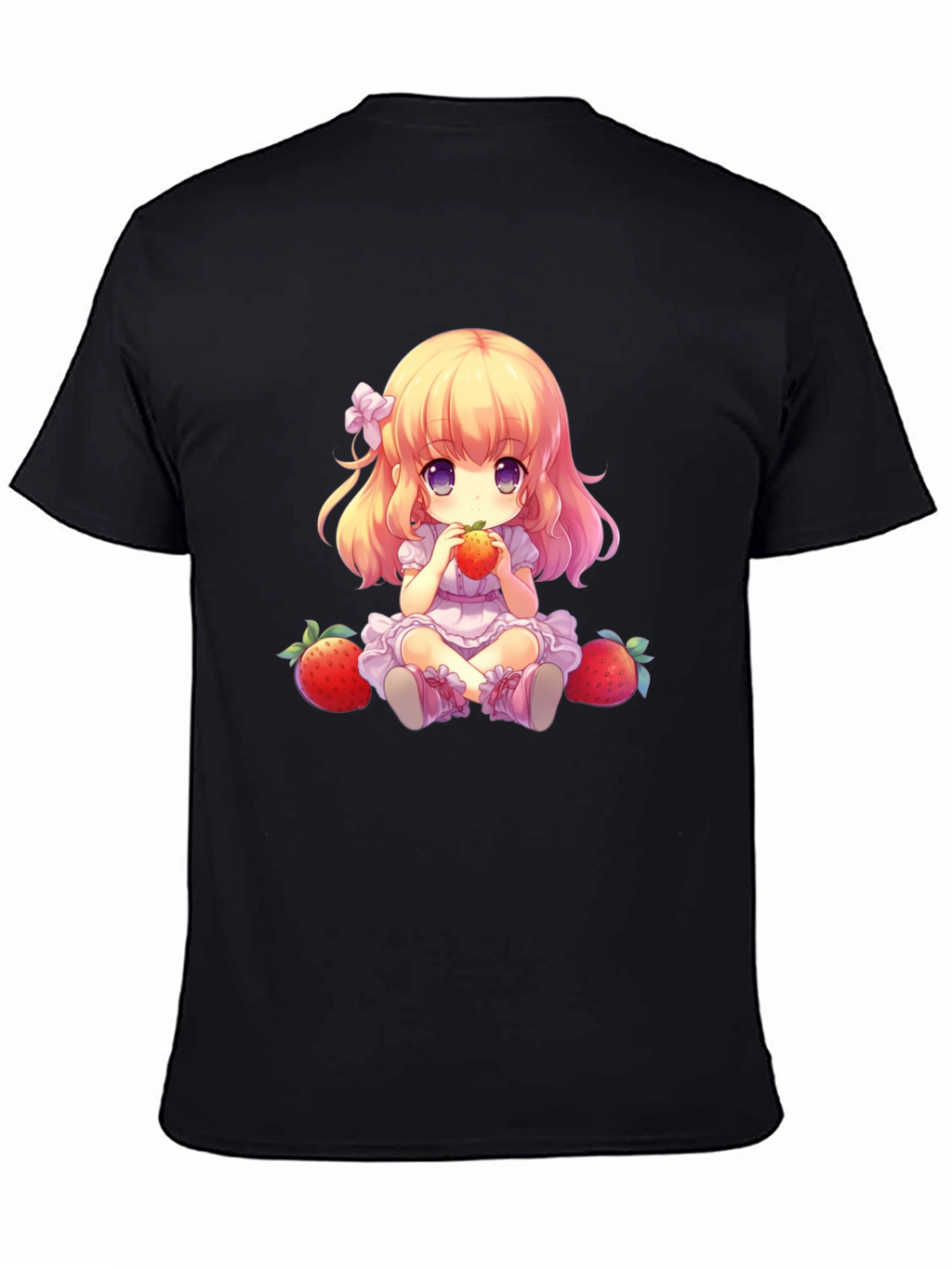 Anime Girl Strawberry Graphic Tee - Soft Black T-Shirt