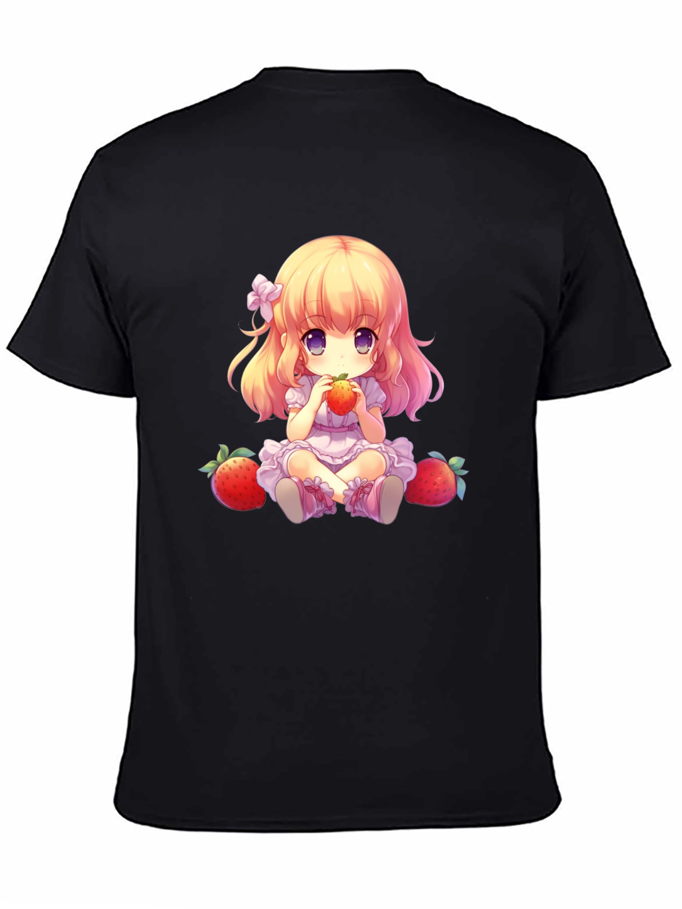 Anime Girl Strawberry Graphic Tee - Soft Black T-Shirt