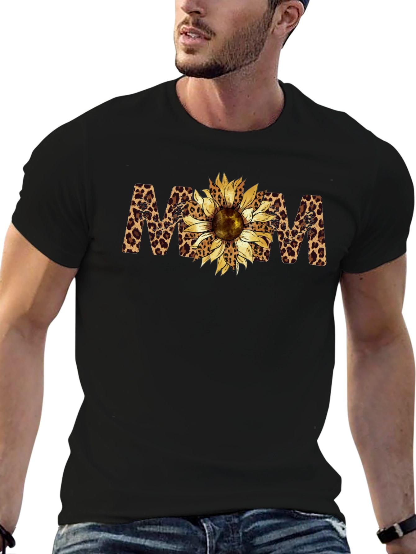 Leopard Print Sunflower MOM Black T-Shirt