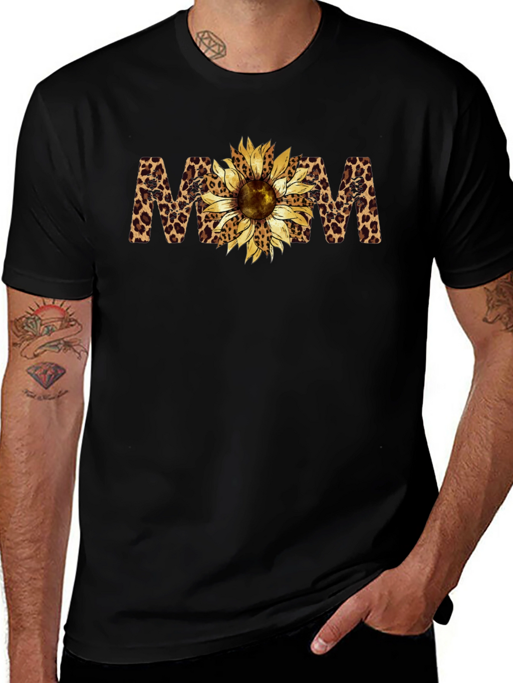 Leopard Print Sunflower MOM Black T-Shirt