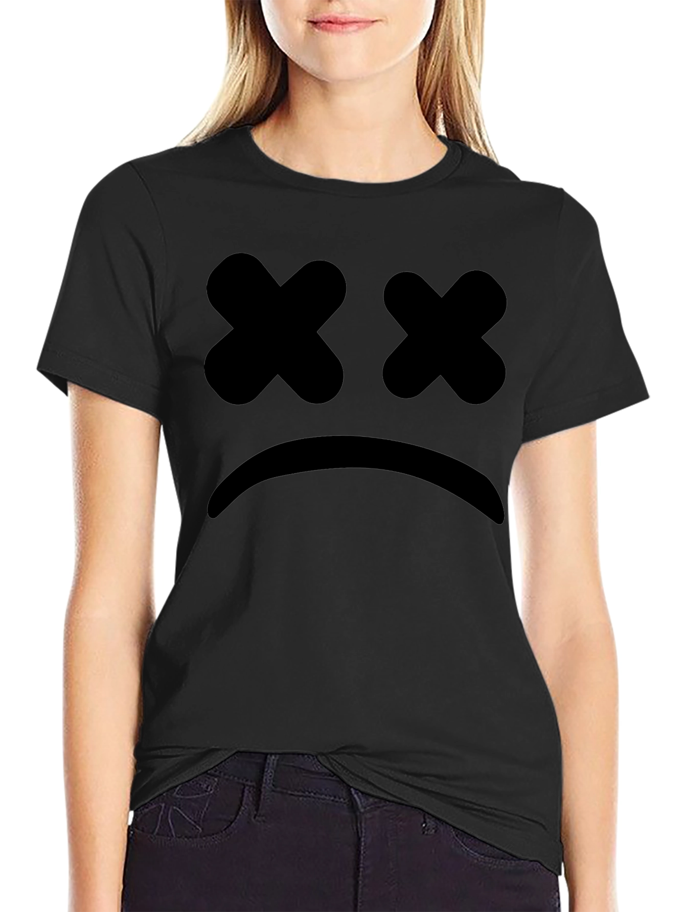 Sad Face Graphic Tee - Black Cotton T-Shirt