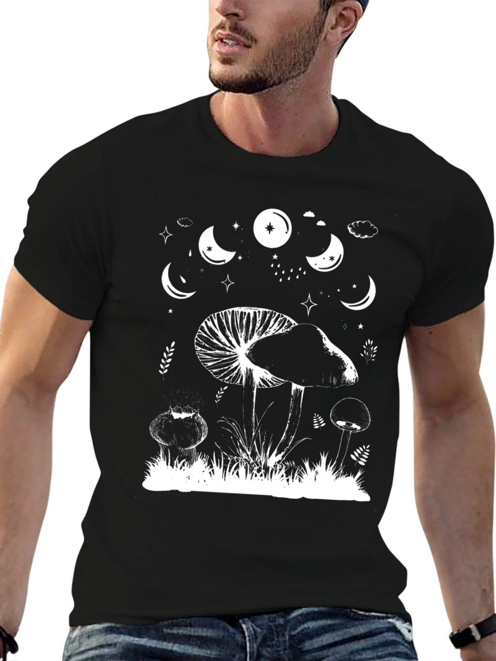 Mushroom Moon Phase Graphic Tee - Black Cotton T-Shirt
