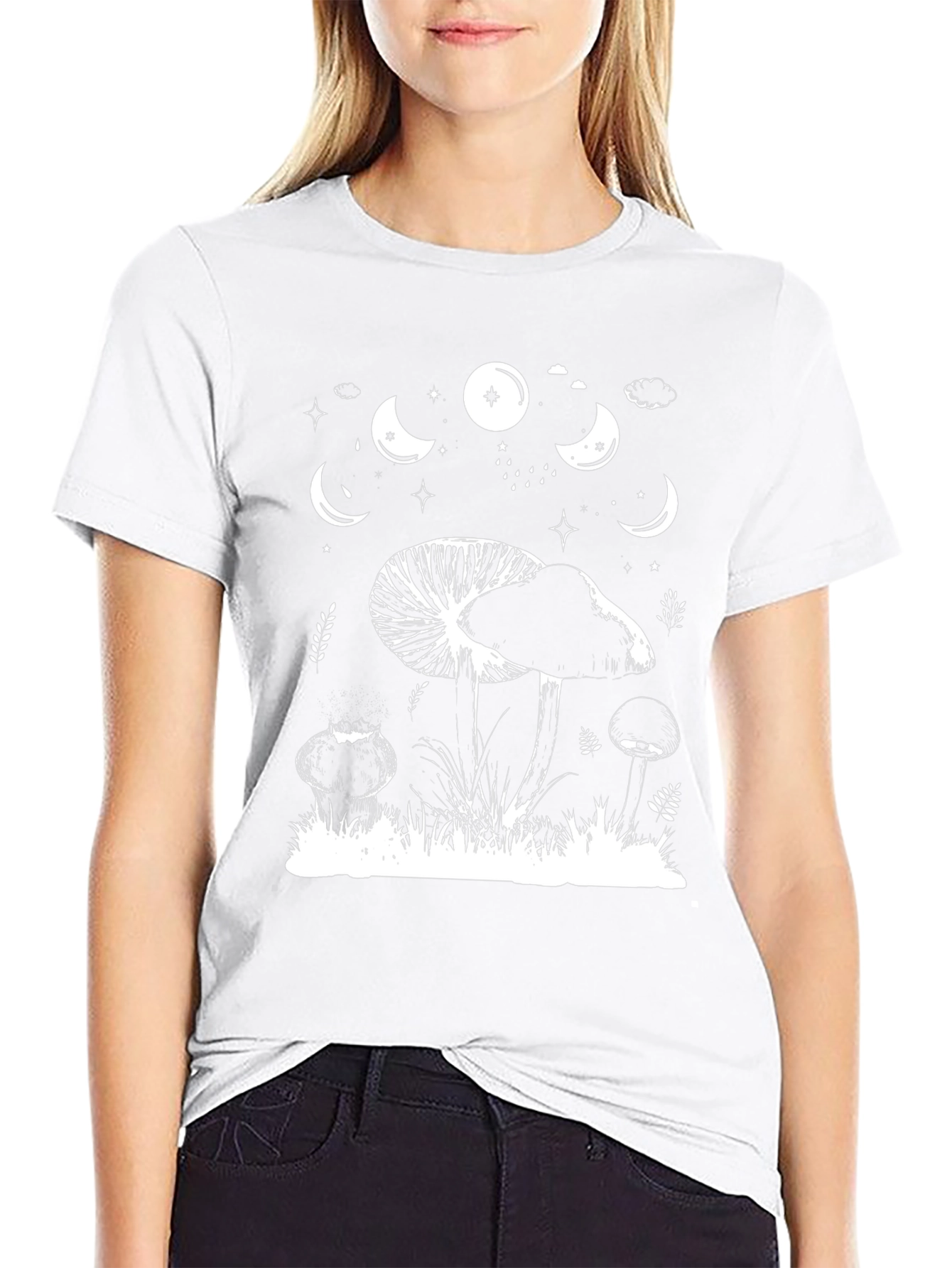 Mushroom Moon Phase Graphic Tee - Black Cotton T-Shirt