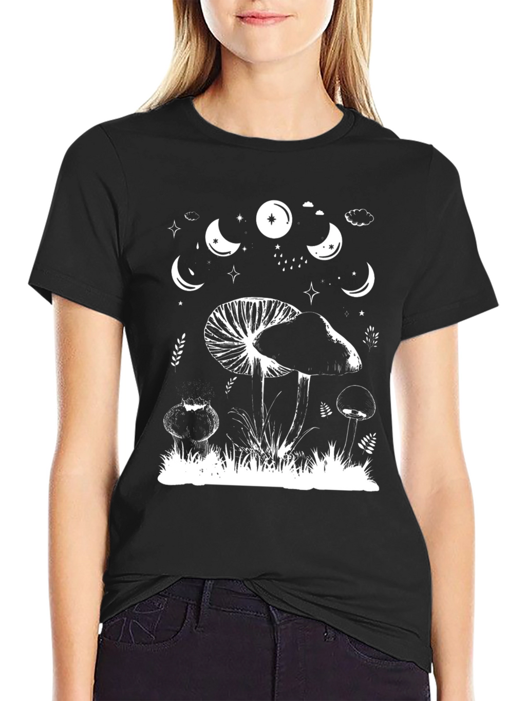 Mushroom Moon Phase Graphic Tee - Black Cotton T-Shirt