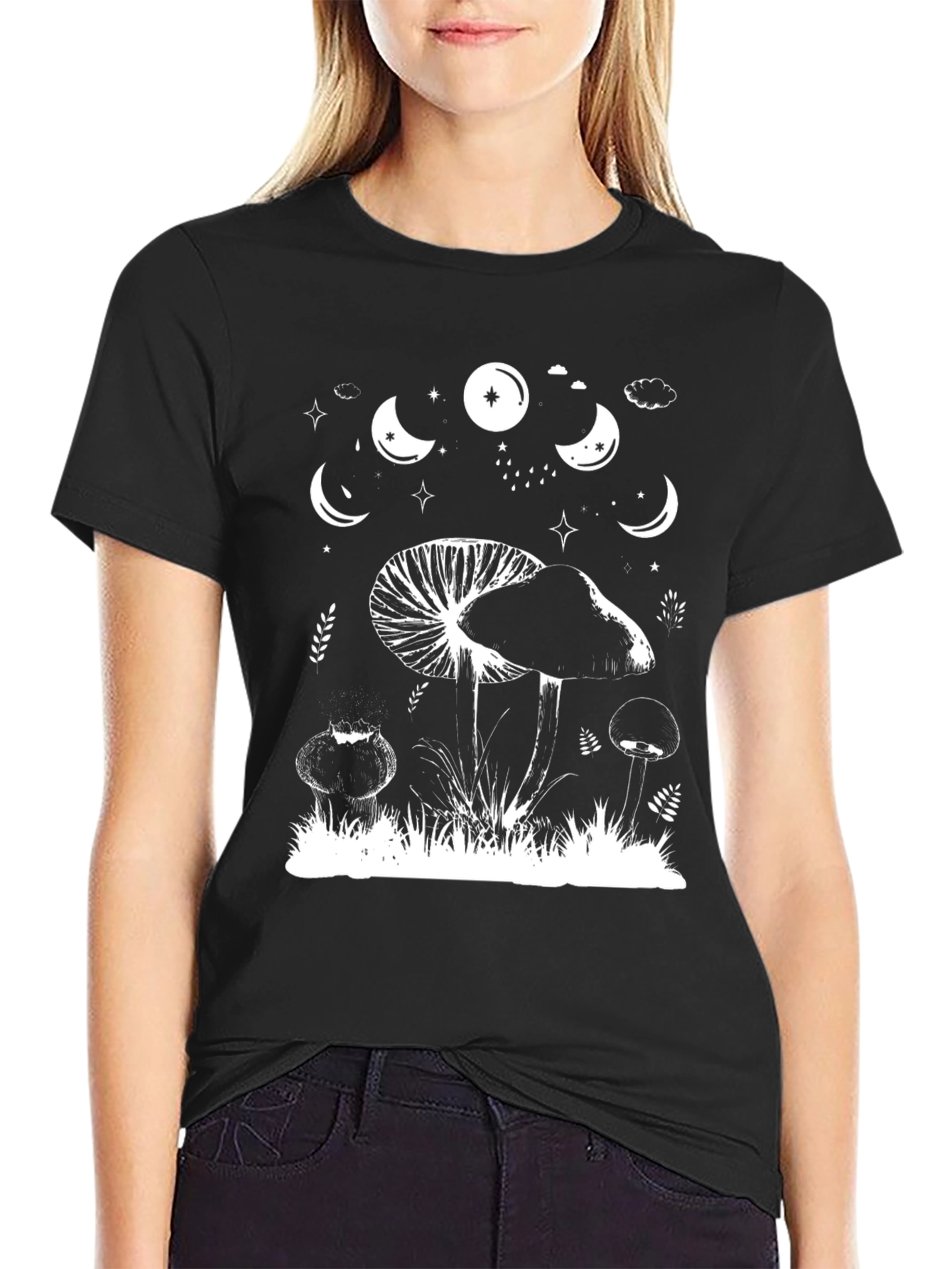 Mushroom Moon Phase Graphic Tee - Black Cotton T-Shirt