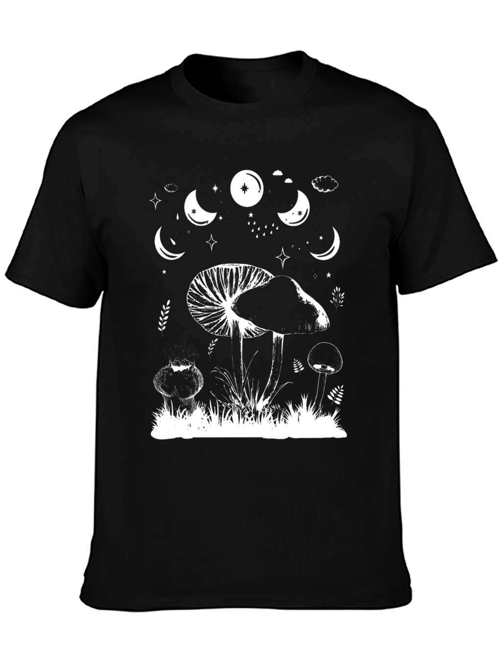 Mushroom Moon Phase Graphic Tee - Black Cotton T-Shirt