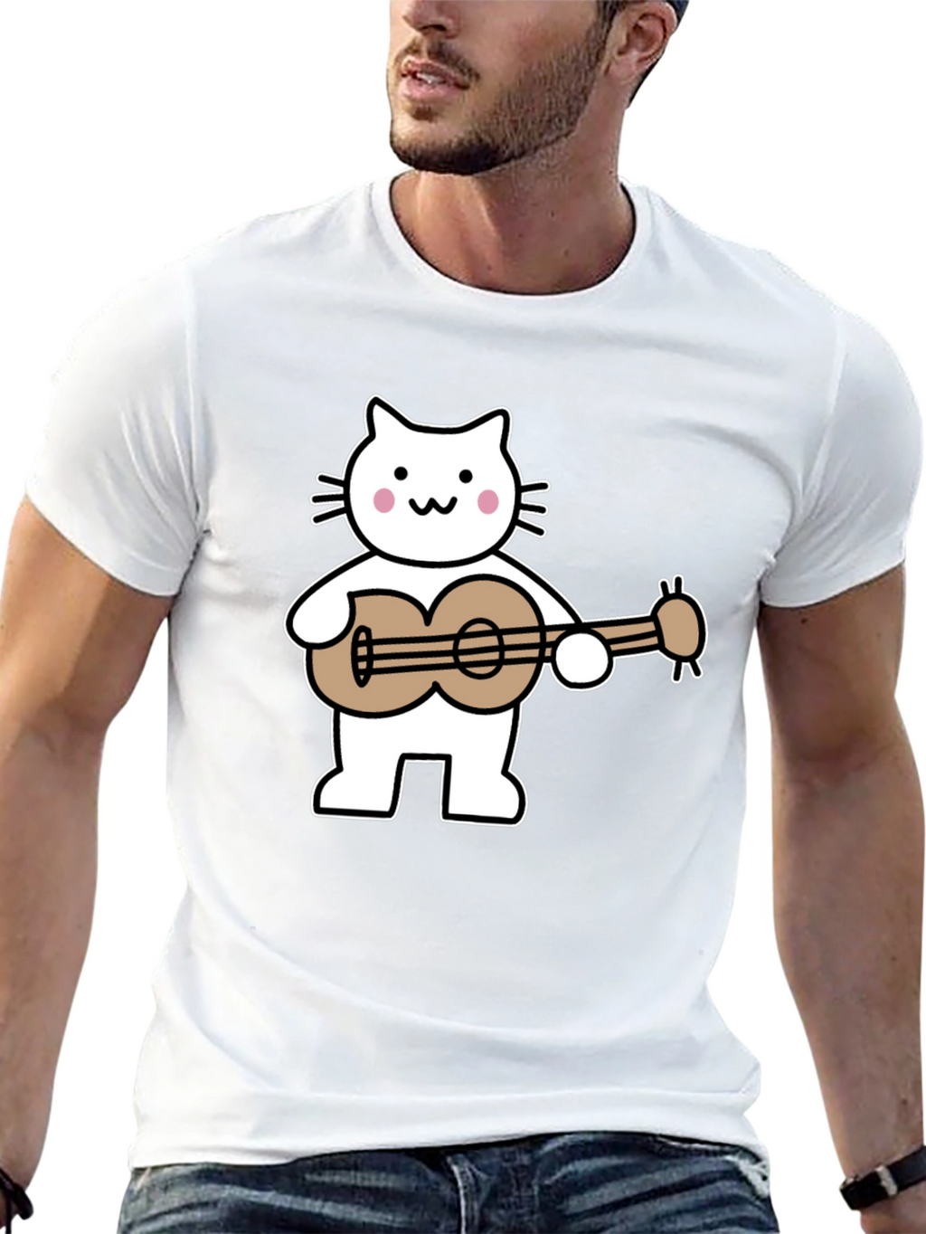 Cat Playing Ukulele Graphic Tee - Black