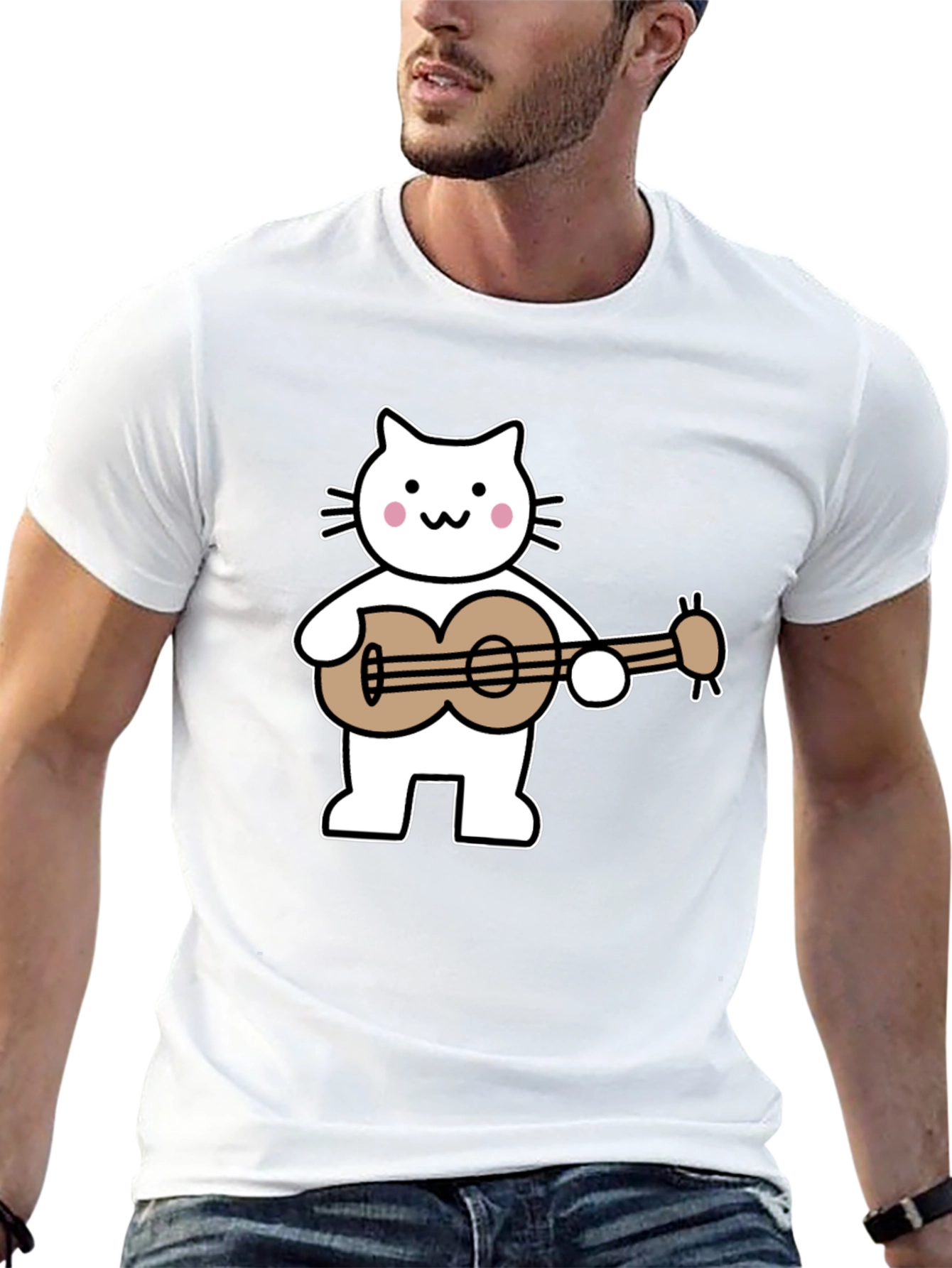 Cat Playing Ukulele Graphic Tee - Black