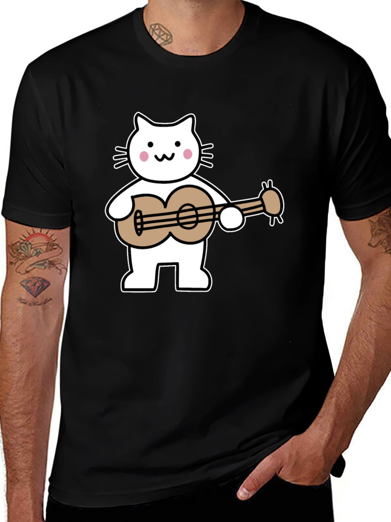Cat Playing Ukulele Graphic Tee - Black