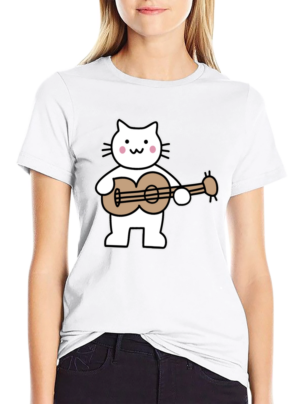 Cat Playing Ukulele Graphic Tee - Black