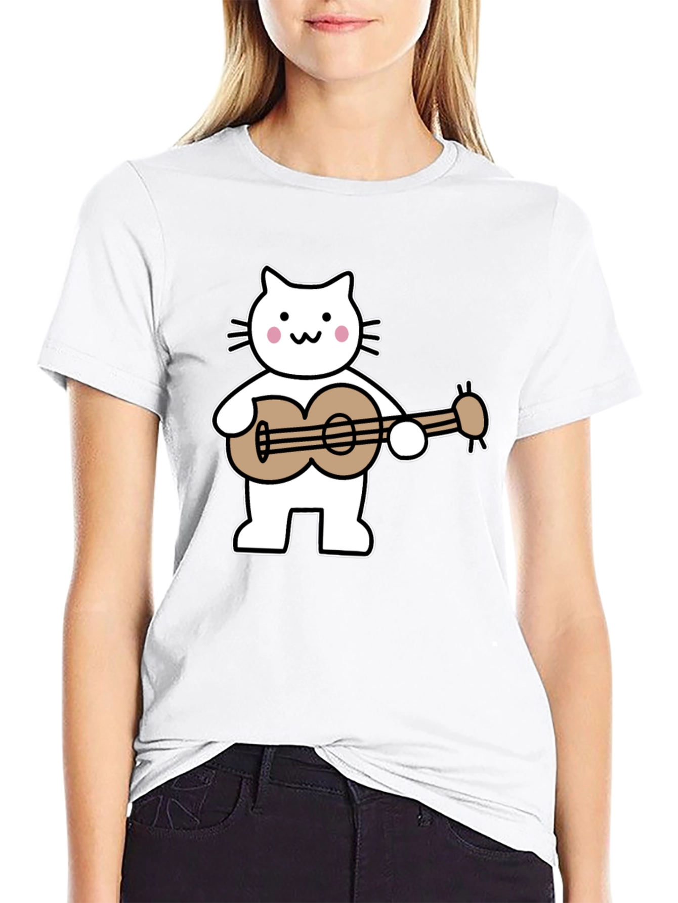 Cat Playing Ukulele Graphic Tee - Black