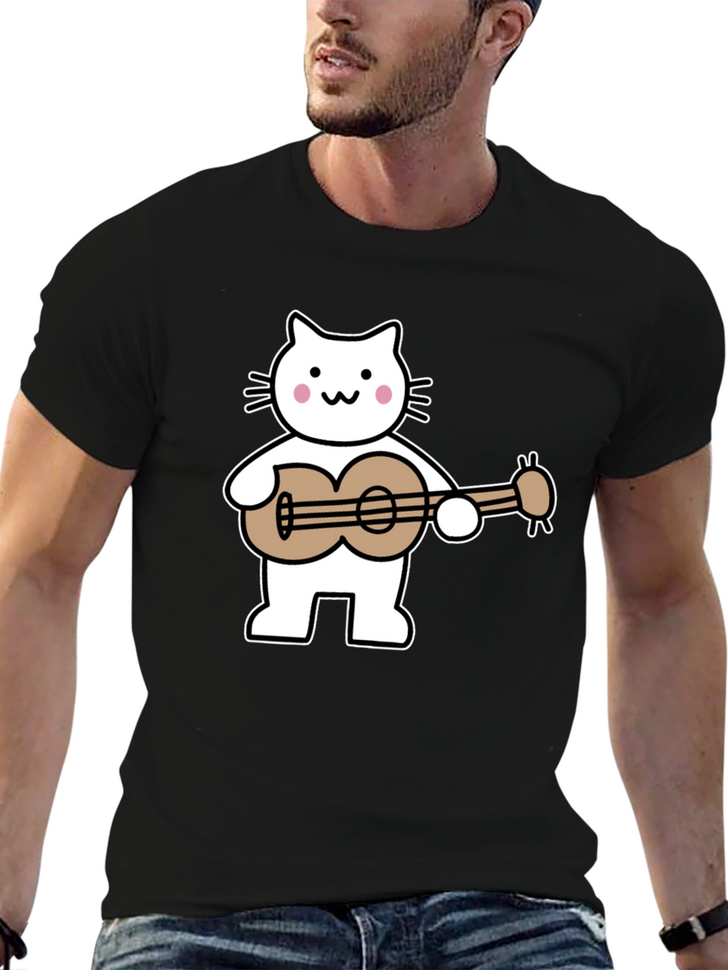 Cat Playing Ukulele Graphic Tee - Black
