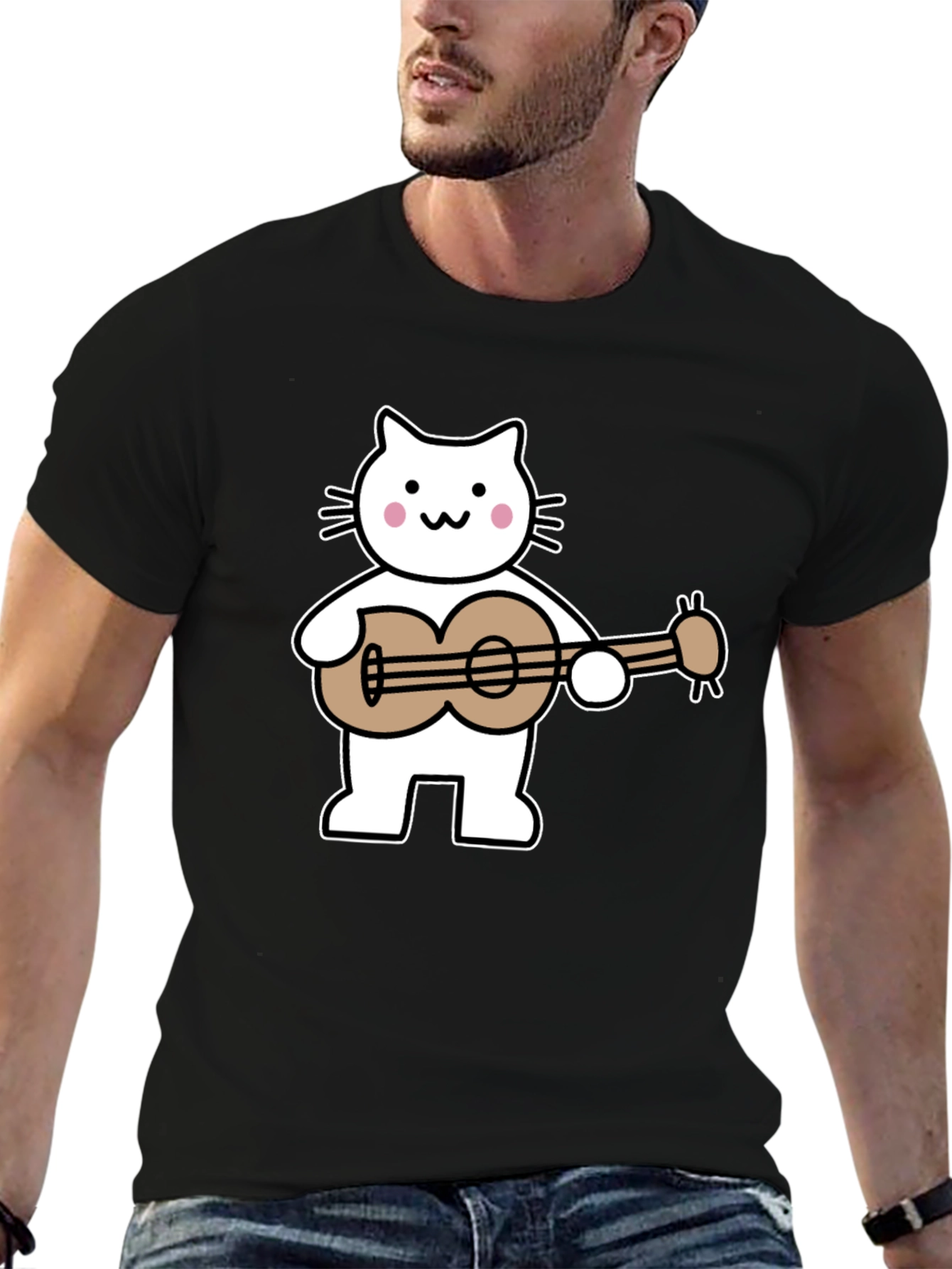 Cat Playing Ukulele Graphic Tee - Black