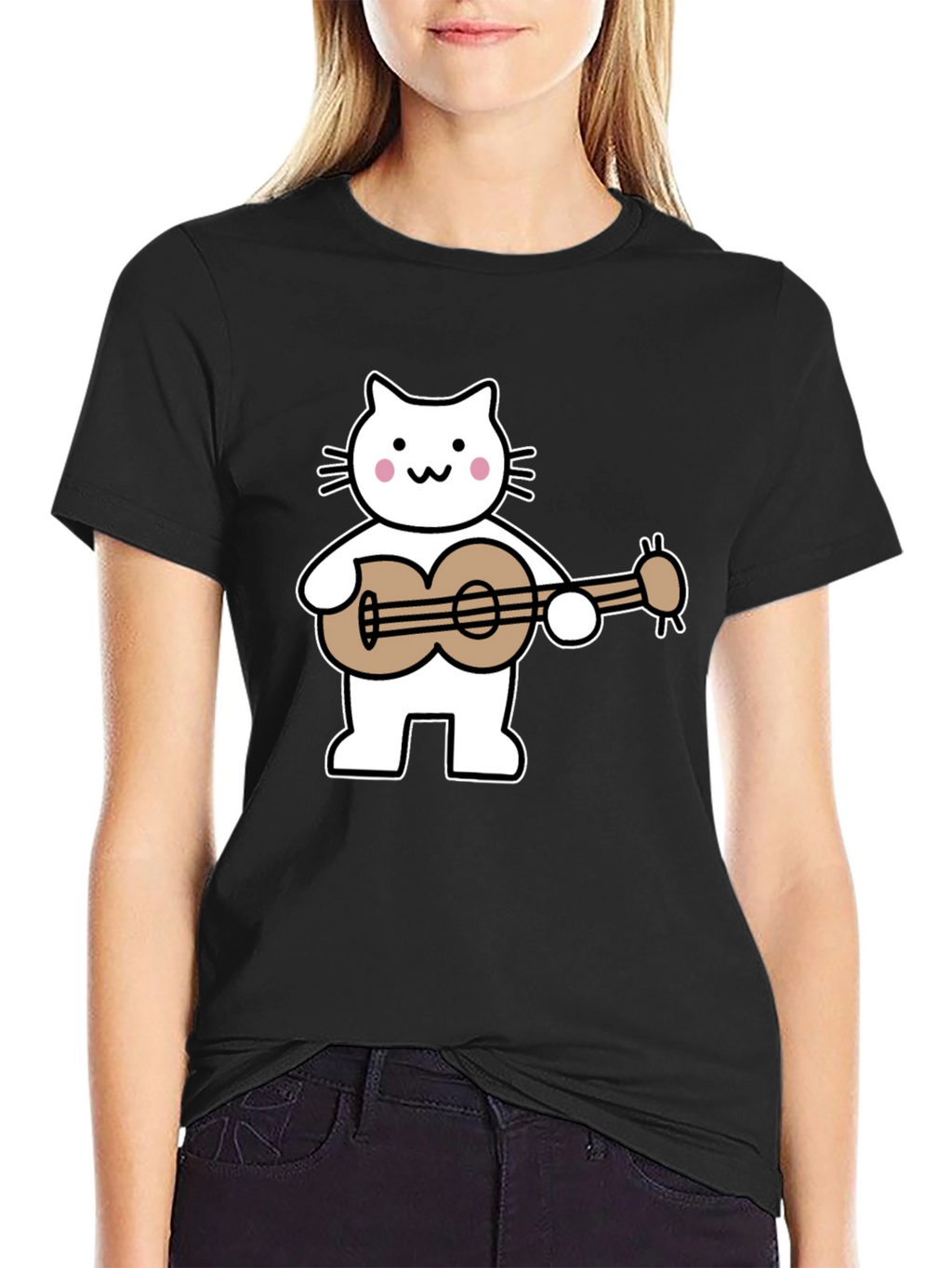 Cat Playing Ukulele Graphic Tee - Black
