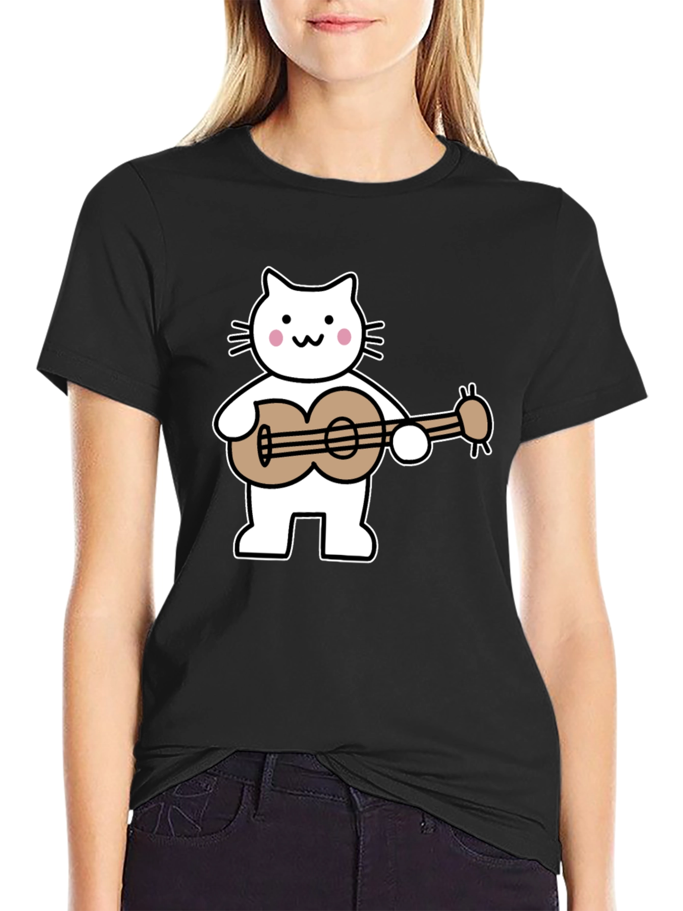 Cat Playing Ukulele Graphic Tee - Black