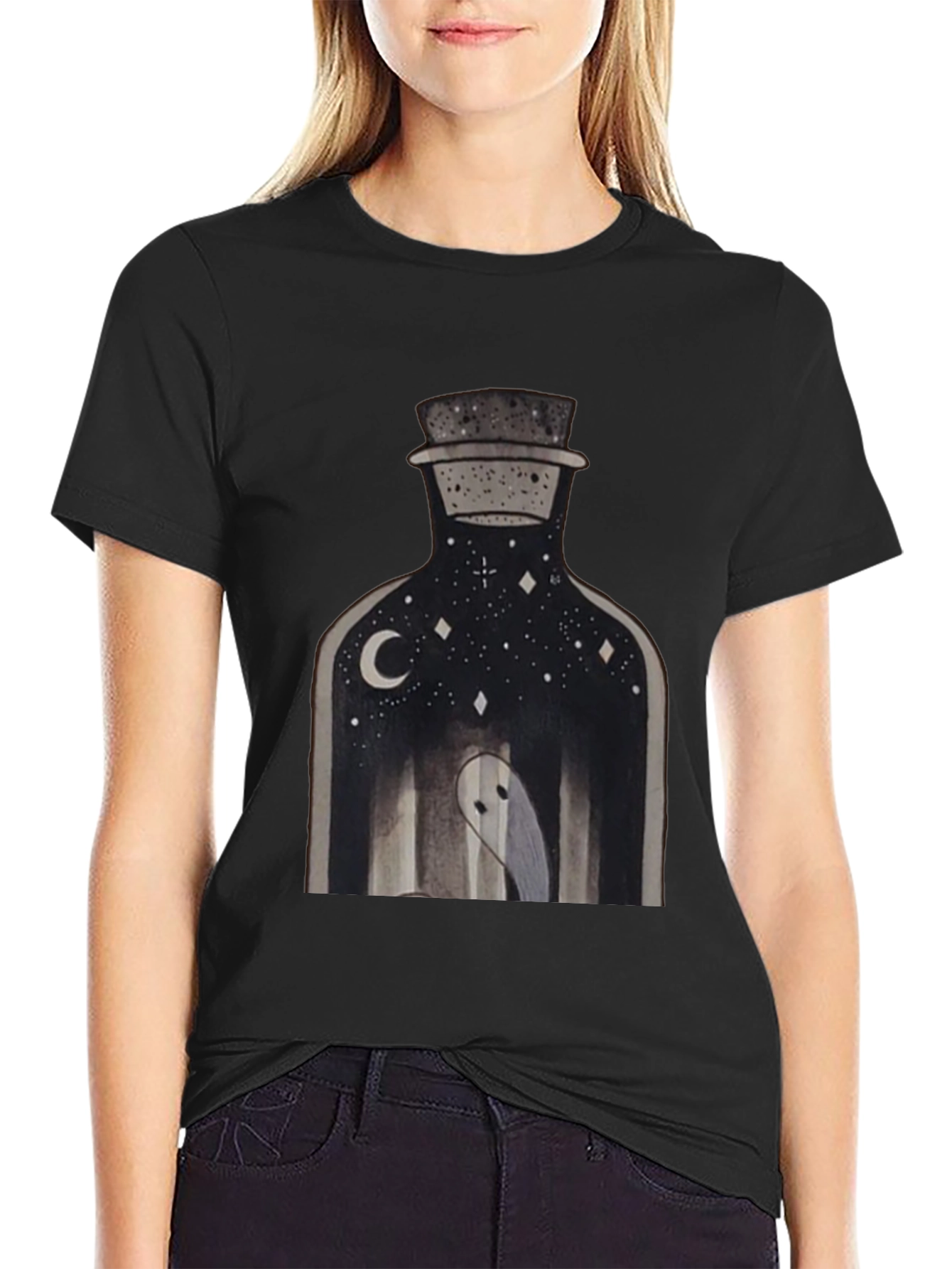 Ghost in a Bottle Graphic Tee - Black Cotton T-Shirt