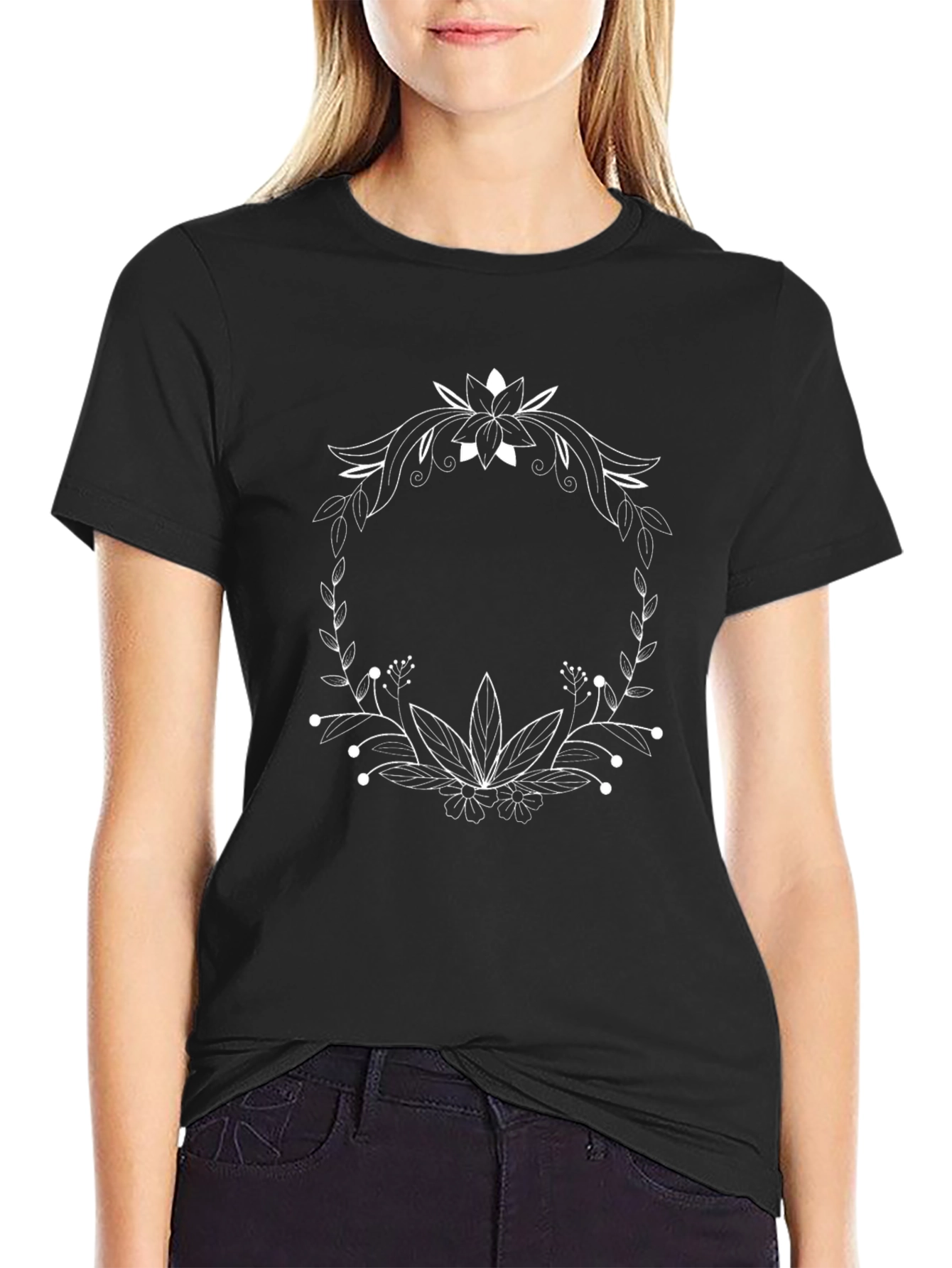 Floral Wreath Graphic Tee - Stylish Black T-Shirt