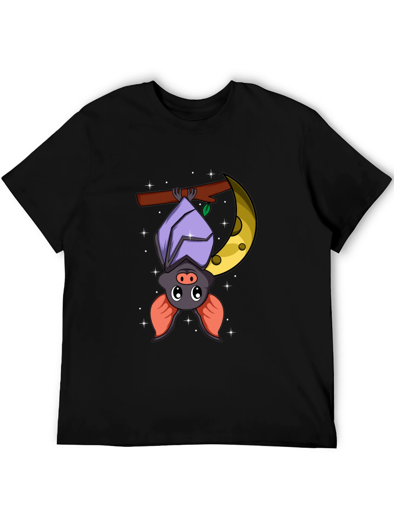Cute Bat on Moon Graphic Tee - Black Cotton T-Shirt