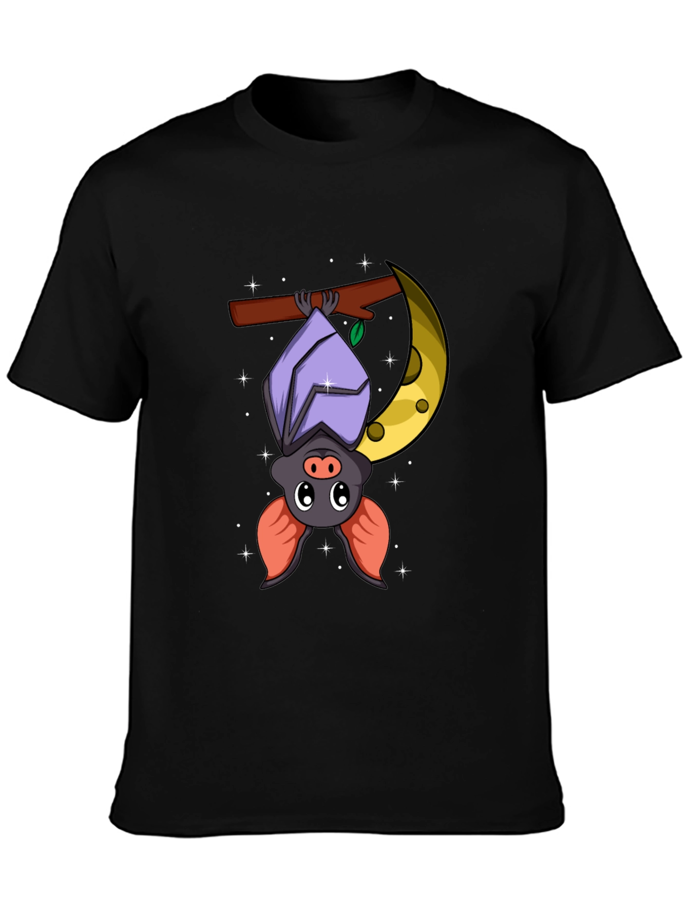 Cute Bat on Moon Graphic Tee - Black Cotton T-Shirt