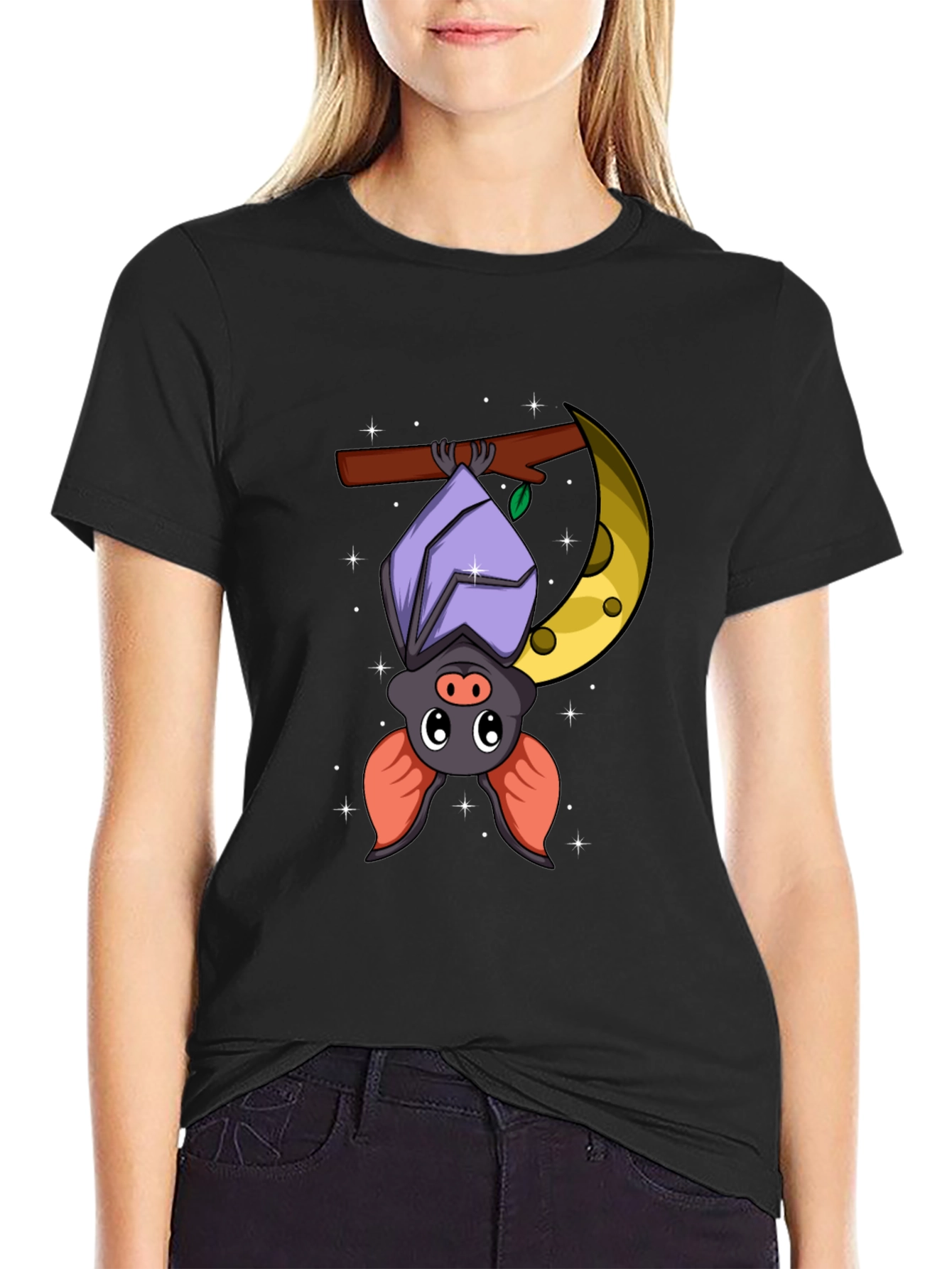 Cute Bat on Moon Graphic Tee - Black Cotton T-Shirt