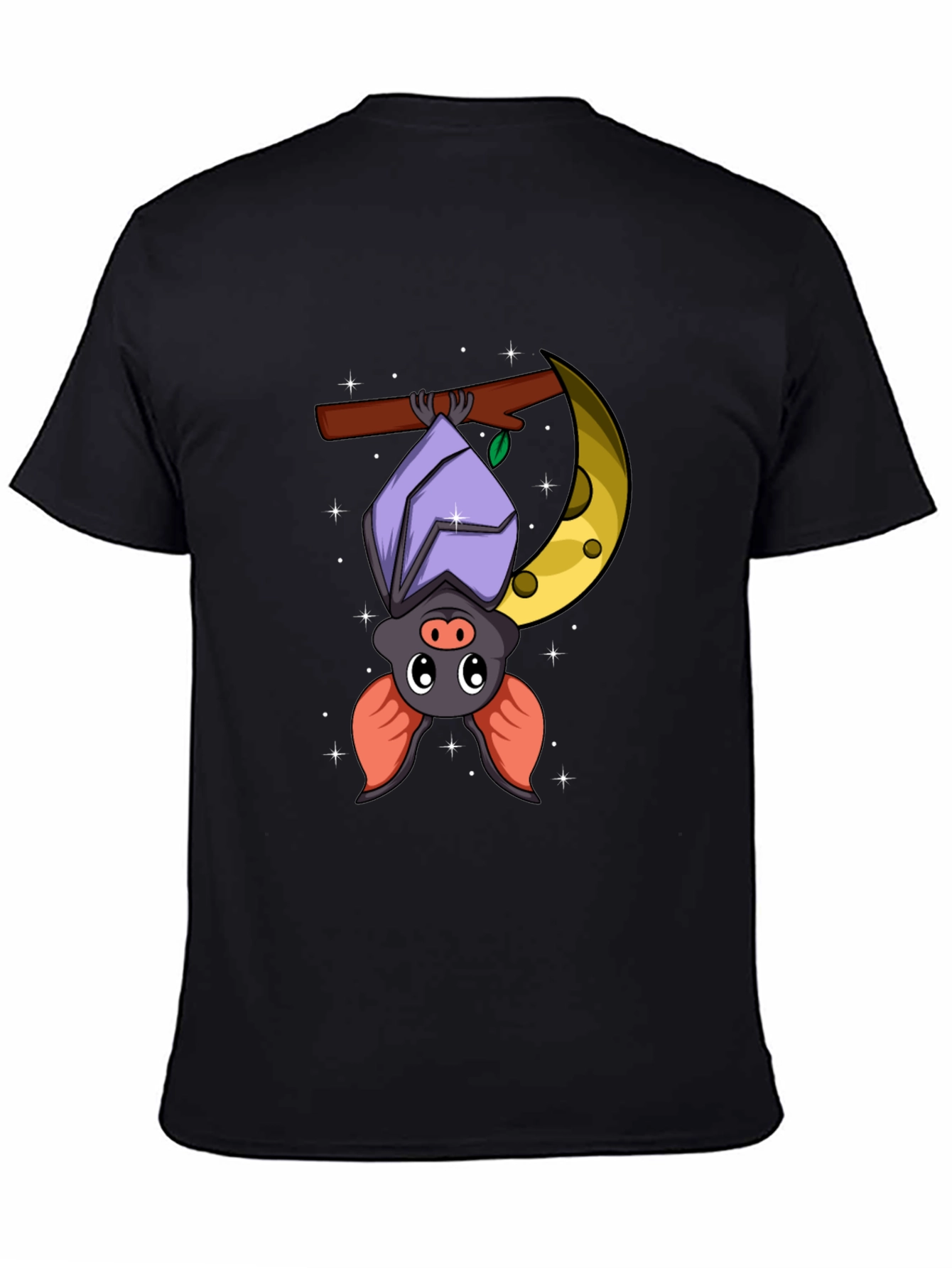 Cute Bat on Moon Graphic Tee - Black Cotton T-Shirt
