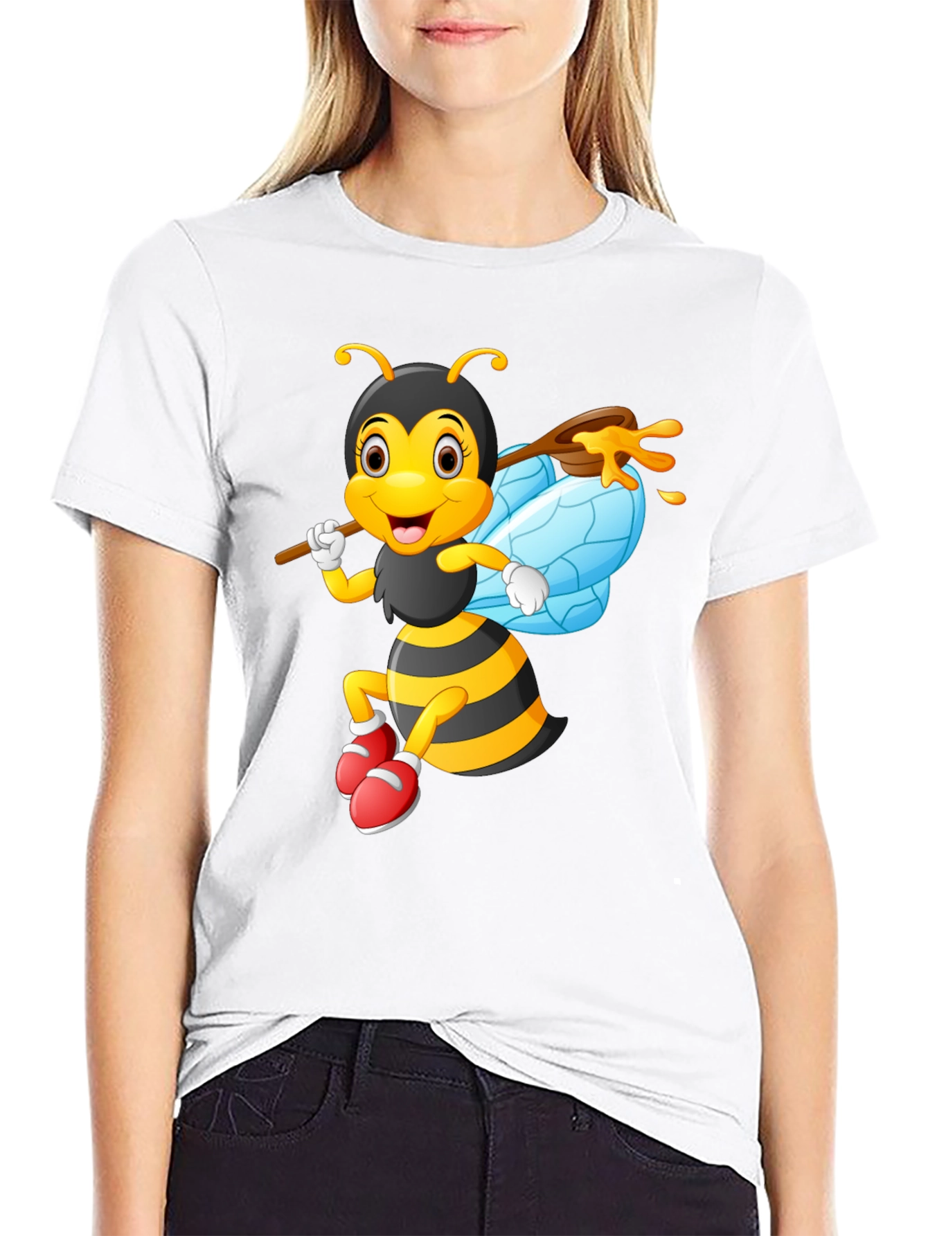 Cartoon Bee Graphic Tee - Black Cotton Blend
