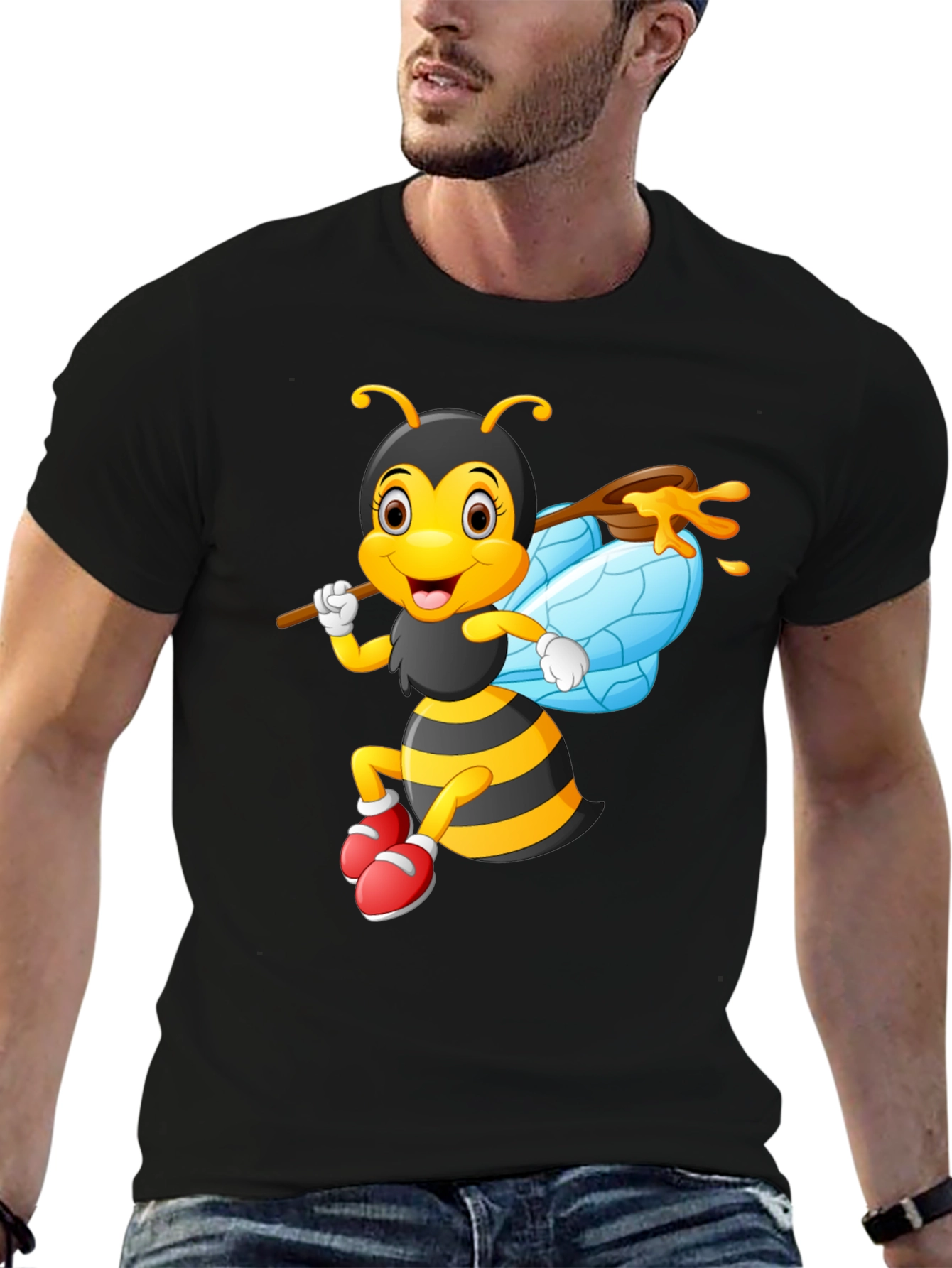 Cartoon Bee Graphic Tee - Black Cotton Blend