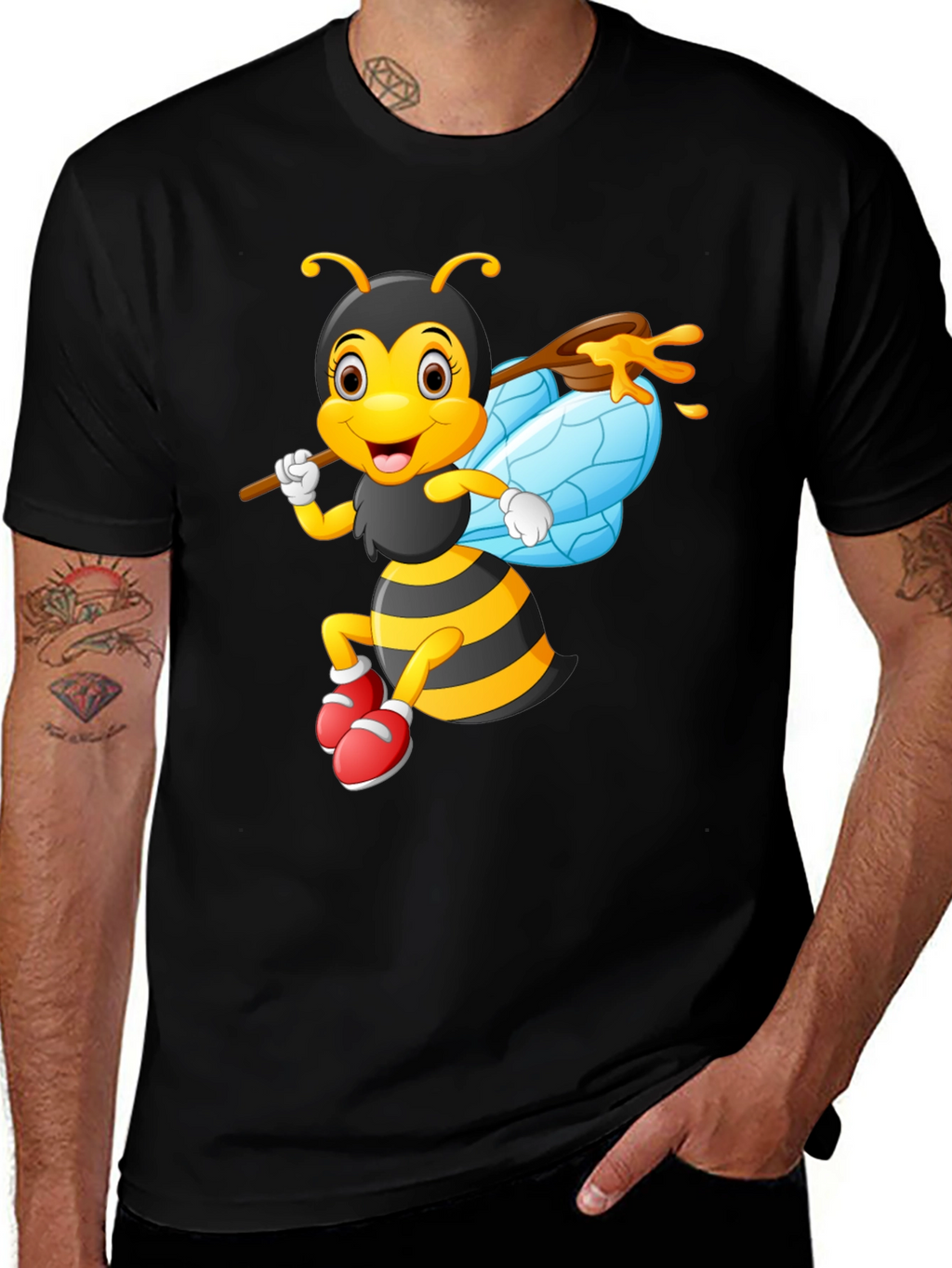 Cartoon Bee Graphic Tee - Black Cotton Blend