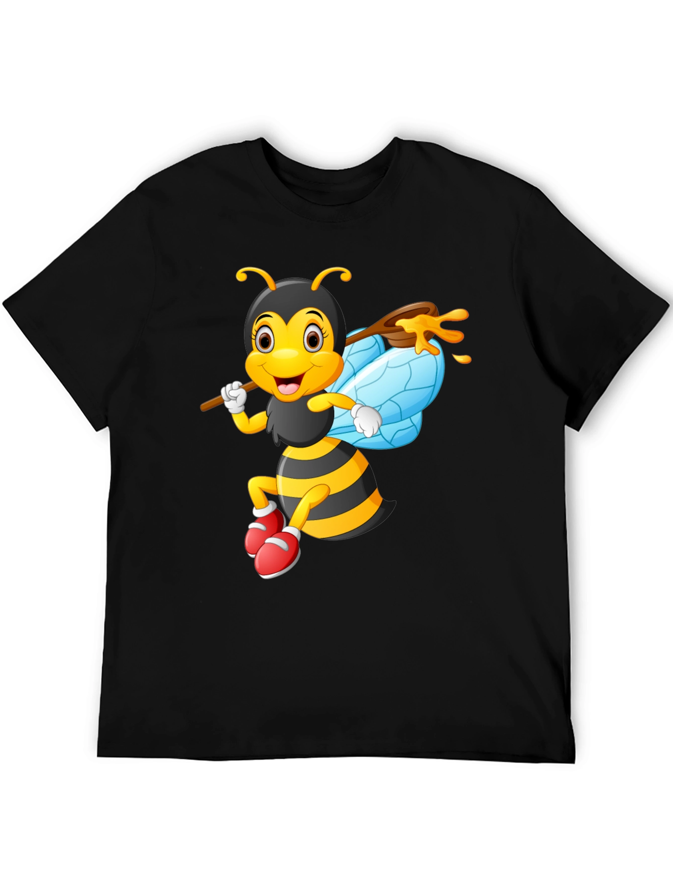 Cartoon Bee Graphic Tee - Black Cotton Blend