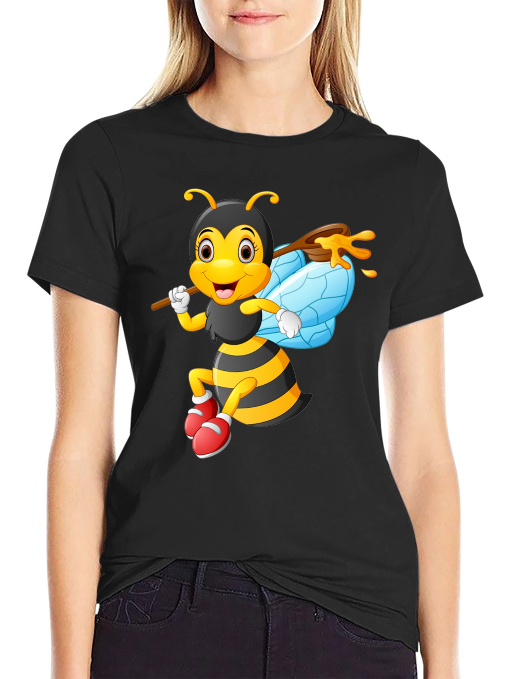 Cartoon Bee Graphic Tee - Black Cotton Blend