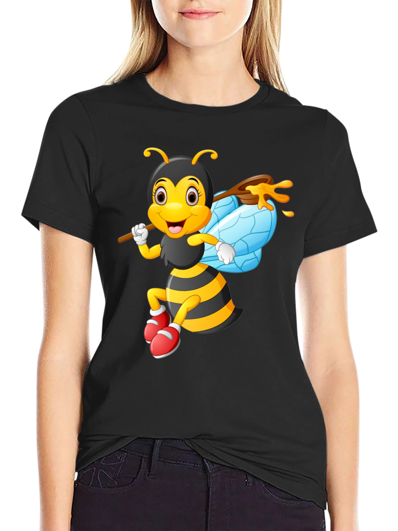 Cartoon Bee Graphic Tee - Black Cotton Blend
