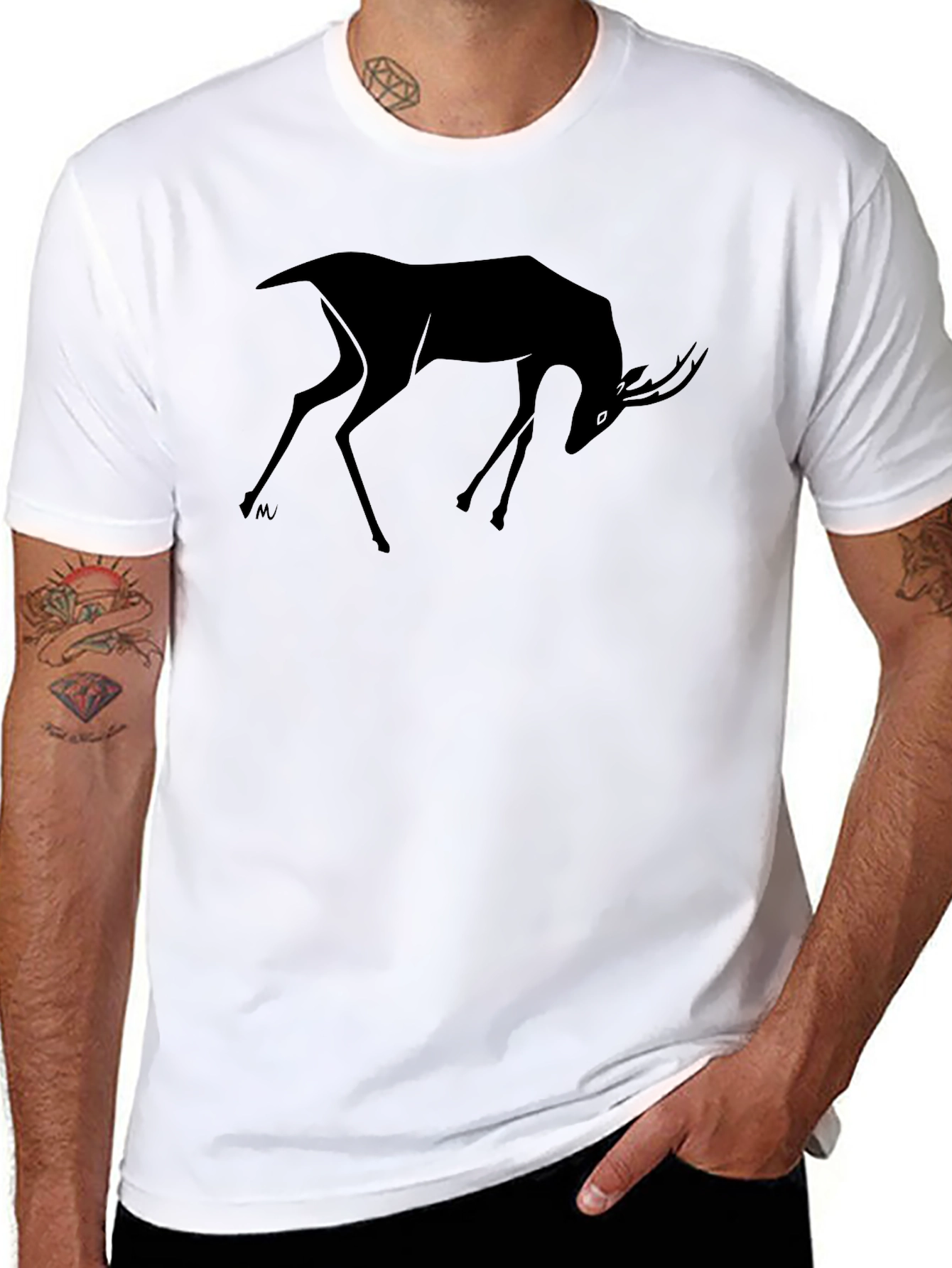 Stylized Deer Graphic Black T-Shirt