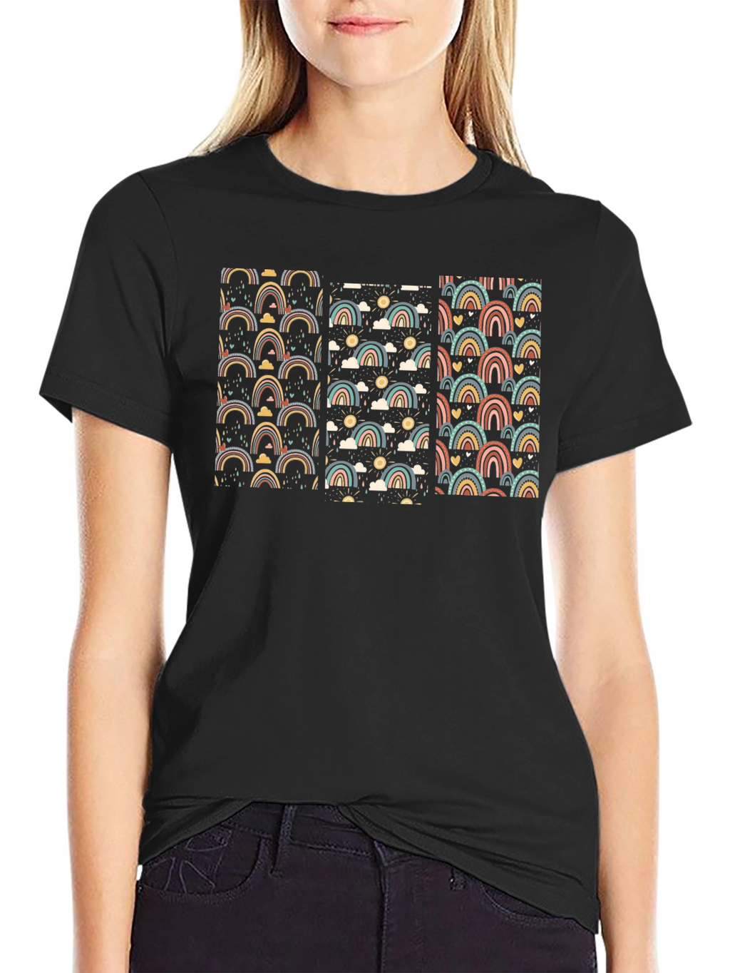 Retro Rainbow Pattern Black T-Shirt
