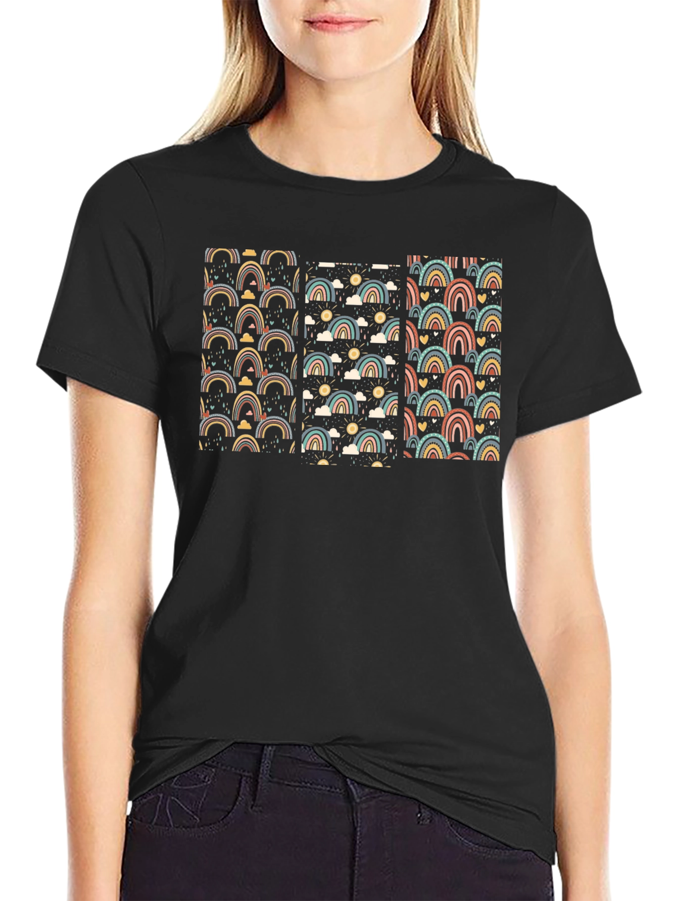 Retro Rainbow Pattern Black T-Shirt