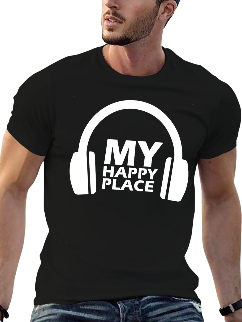 My Happy Place Headphones Graphic Tee - Black