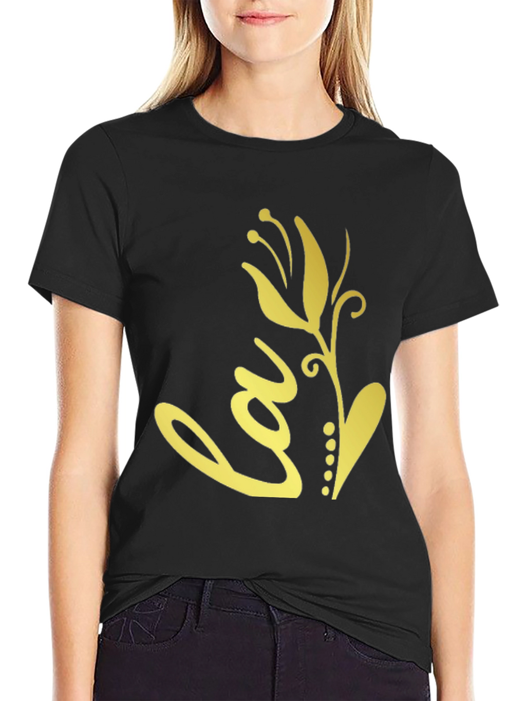 Black T-Shirt with Gold Floral Love Design