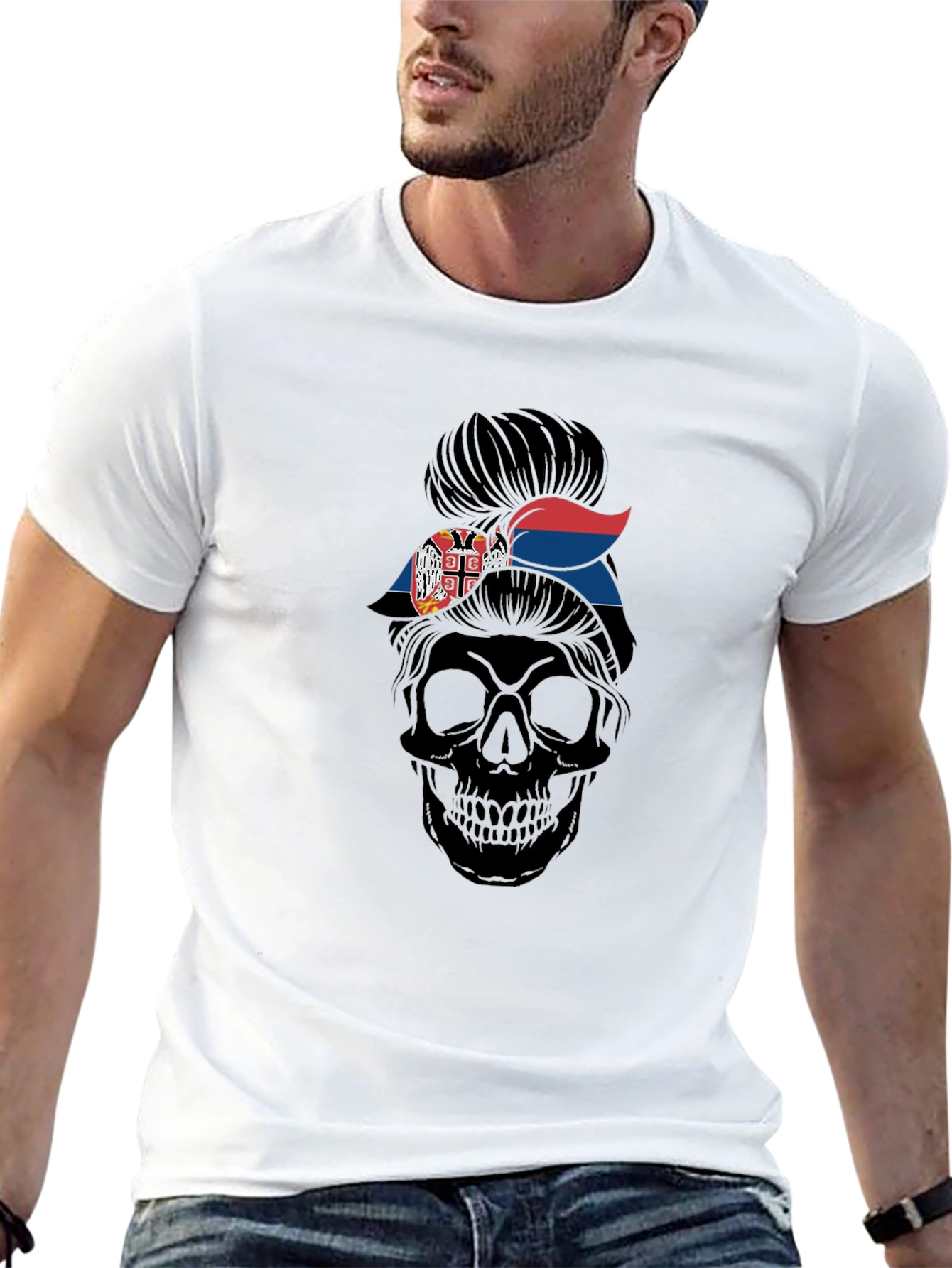 Skull Messy Bun Serbia Flag T-Shirt