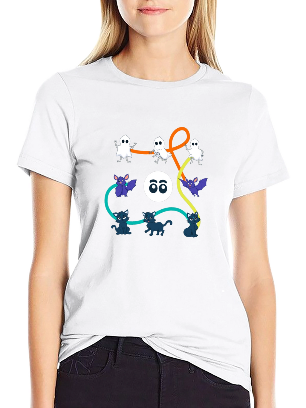 Halloween Graphic Print T-Shirt: Ghosts Bats Cats