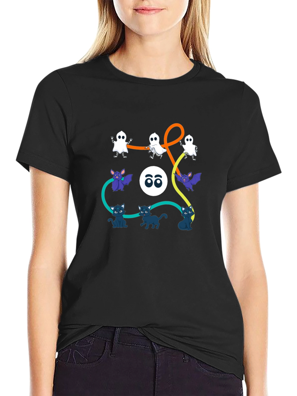 Halloween Graphic Print T-Shirt: Ghosts Bats Cats