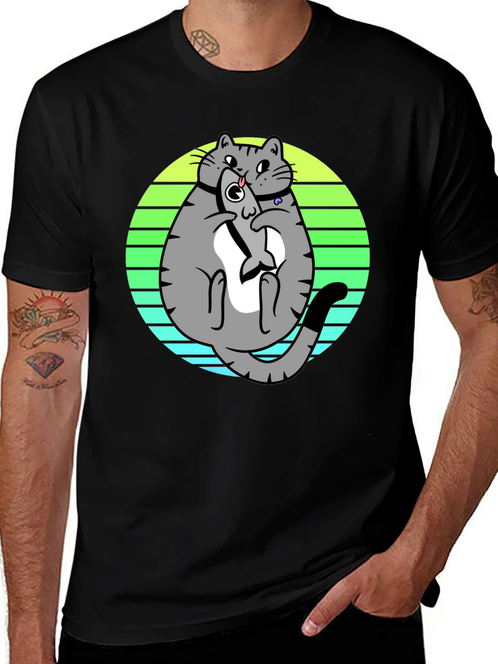 Funny Cat Eating Fish T-Shirt - Unique Graphic Tee
